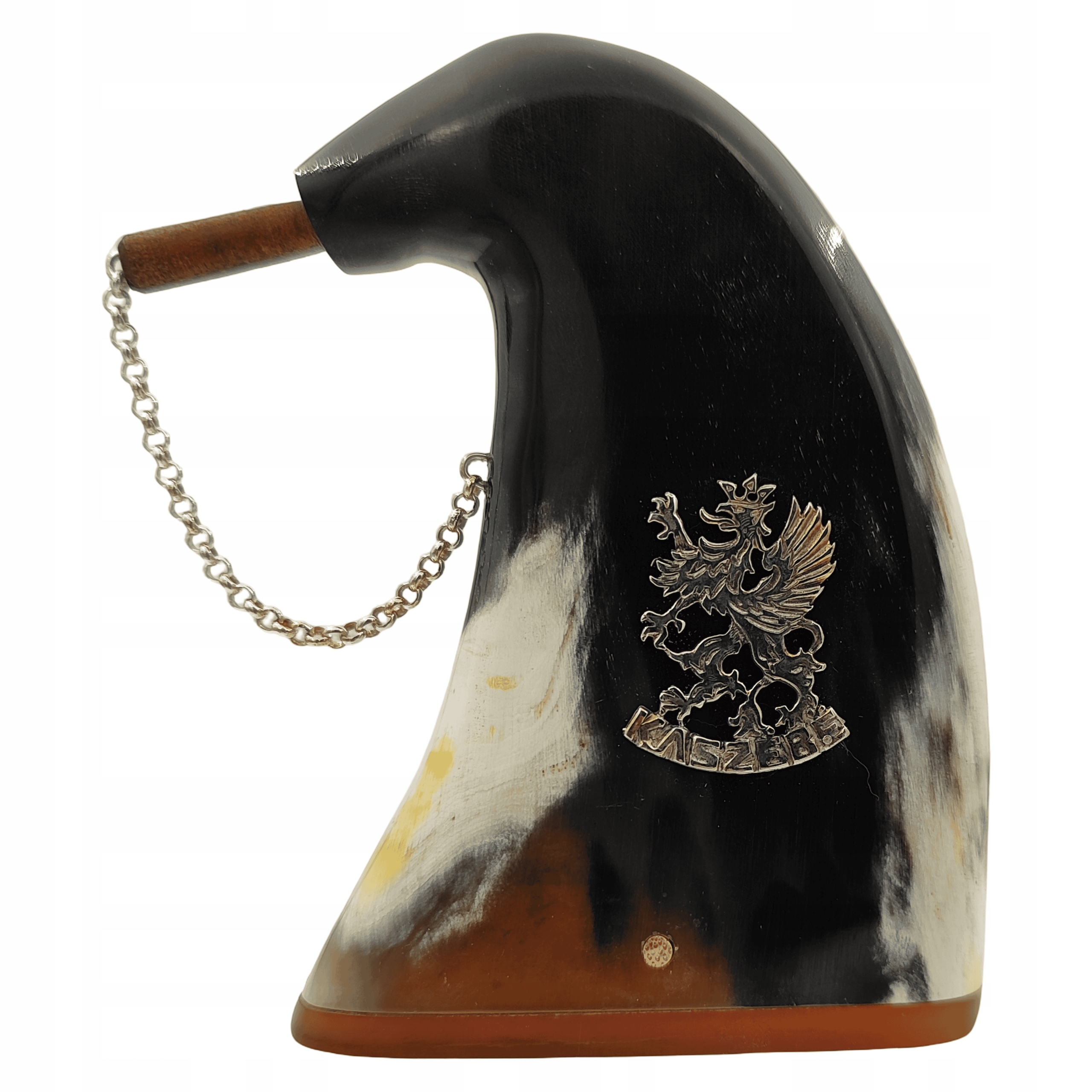 TABAKIERA KASZUBSKA Z ROGU Z ŁAŃCUSZKIEM I GRYFEM TABAKIERKA RĘKODZIEŁO