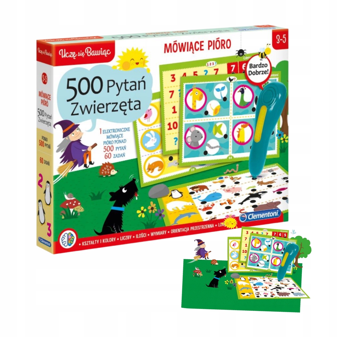 Clementoni Mówiące Pióro 500 Pytań Gra Zwierzęta 30 Plansz Zadania Materiał karton