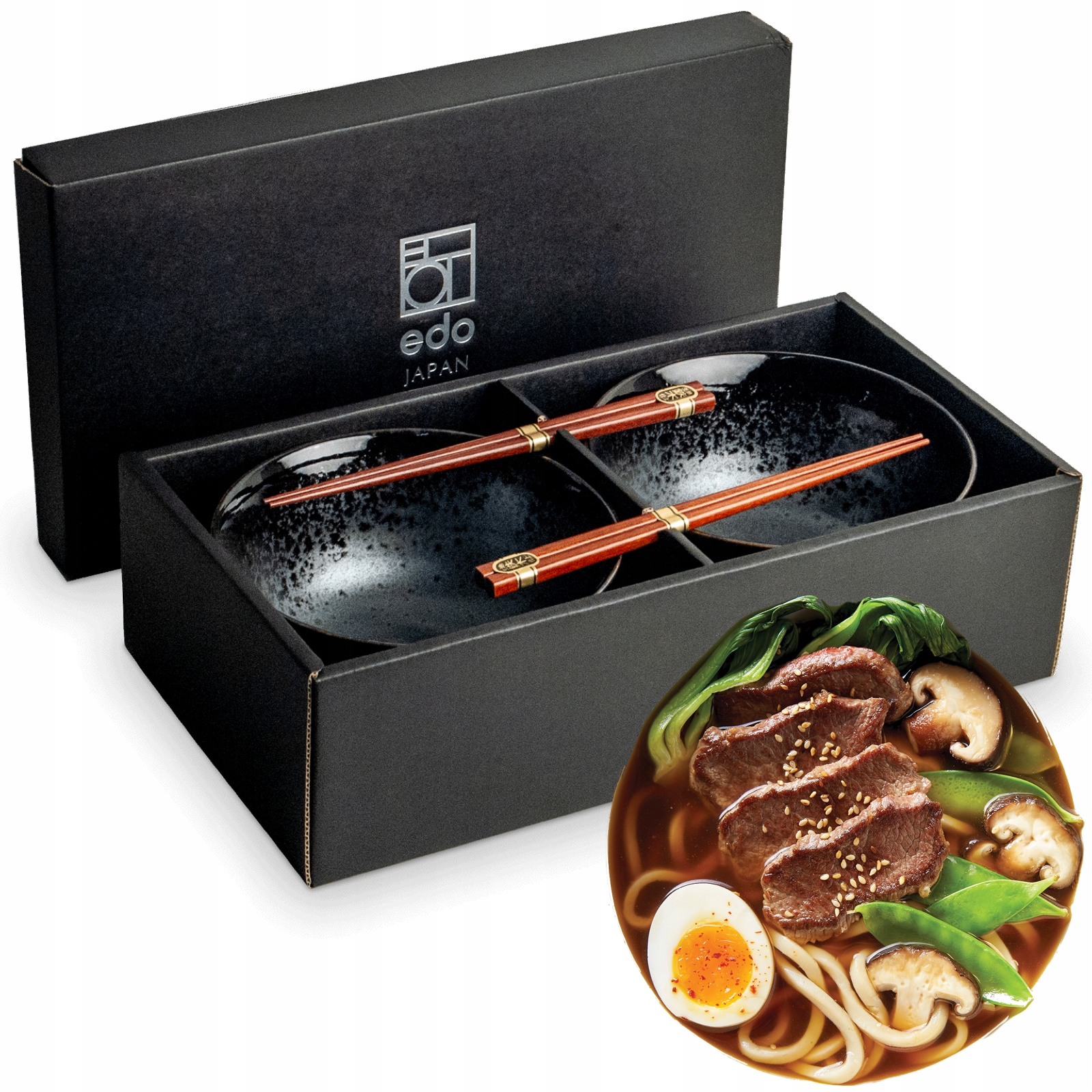 Sada keramických misek černé a šedé barvy 17 cm na polévku Udon s tyčinkami Koge