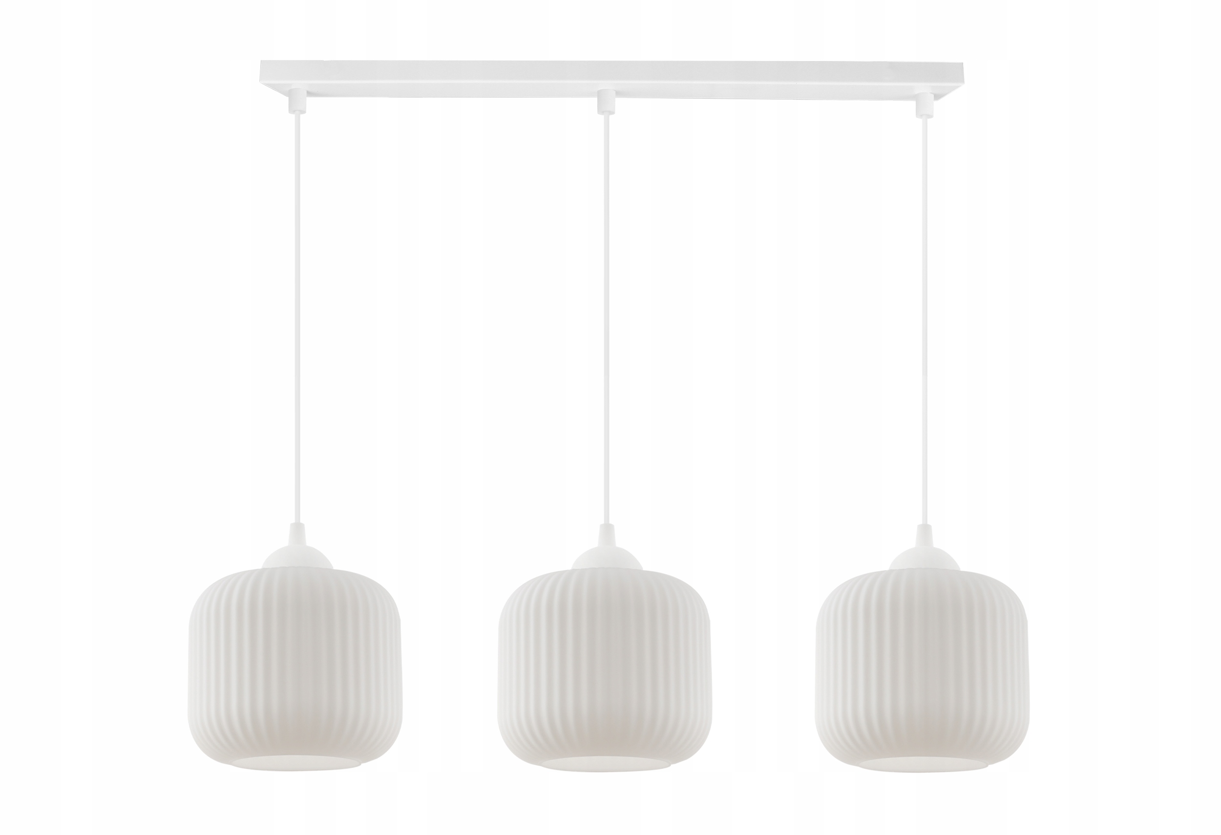 Decentní bílá lampa s třemi závěsnými válcovými stínidly Riffle pro obývací pokoj a kancelář