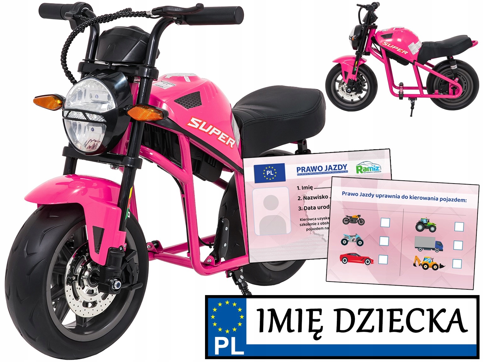 duży mocny motor na akumulator dla dziewczynki Supermoto silnik 300W róż