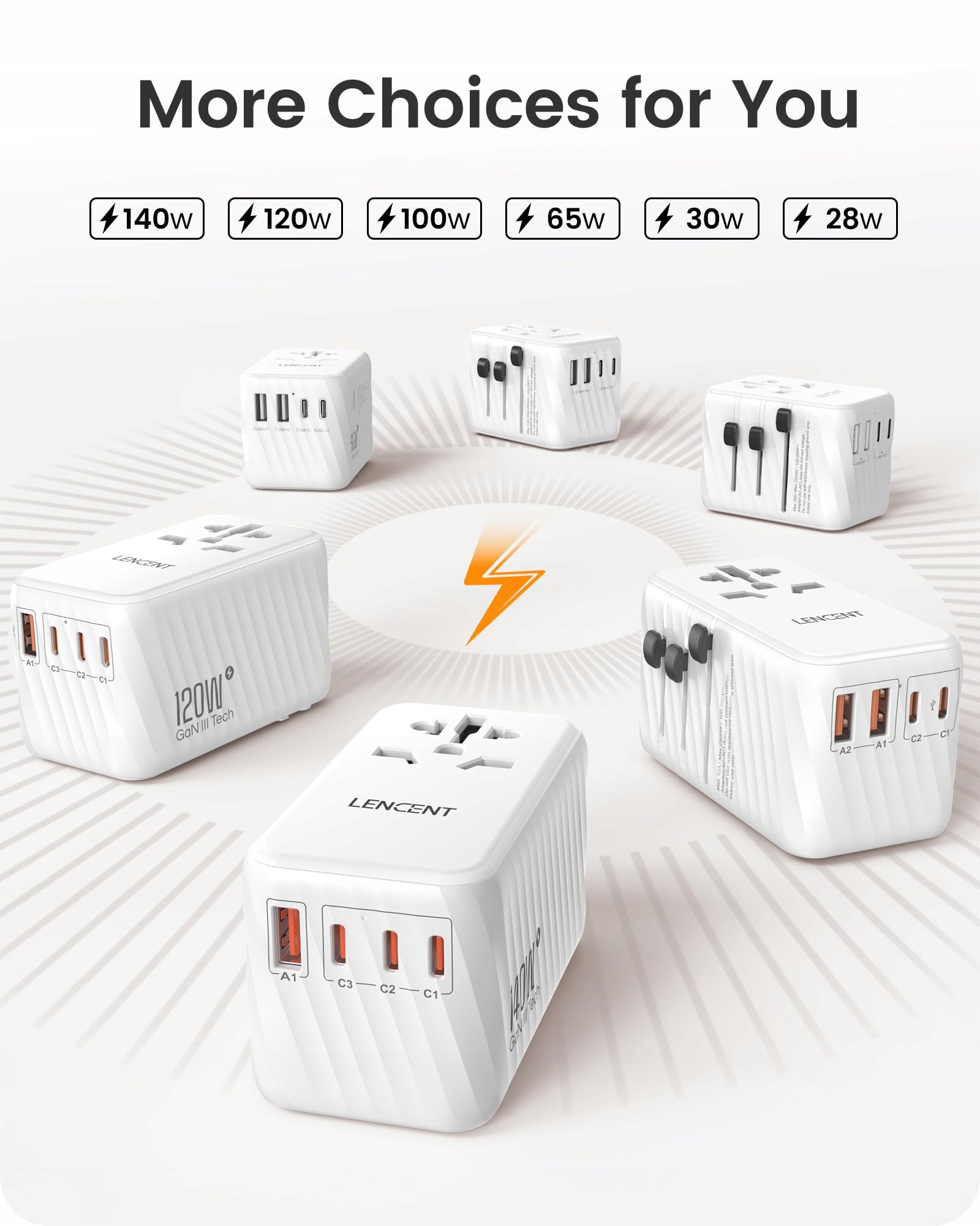 LENCENT Adapter Podróżny 100W GaN3 2x USB C 2x USB A EU USA UK AU — miniatura 6
