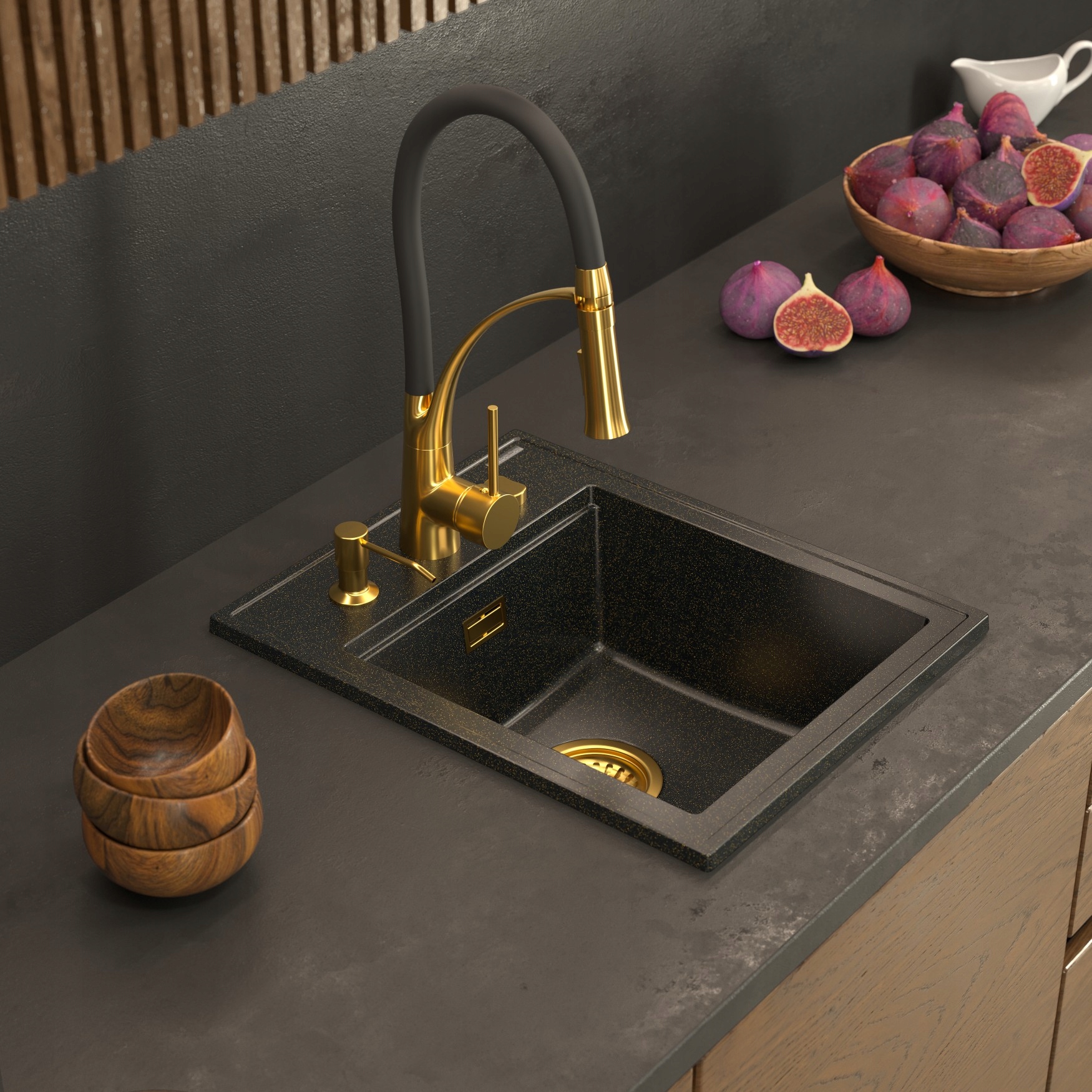 ZLEW GRANITOWY CZARNY ZŁOTE DODATKI ZESTAW ALOR Linia ALOR