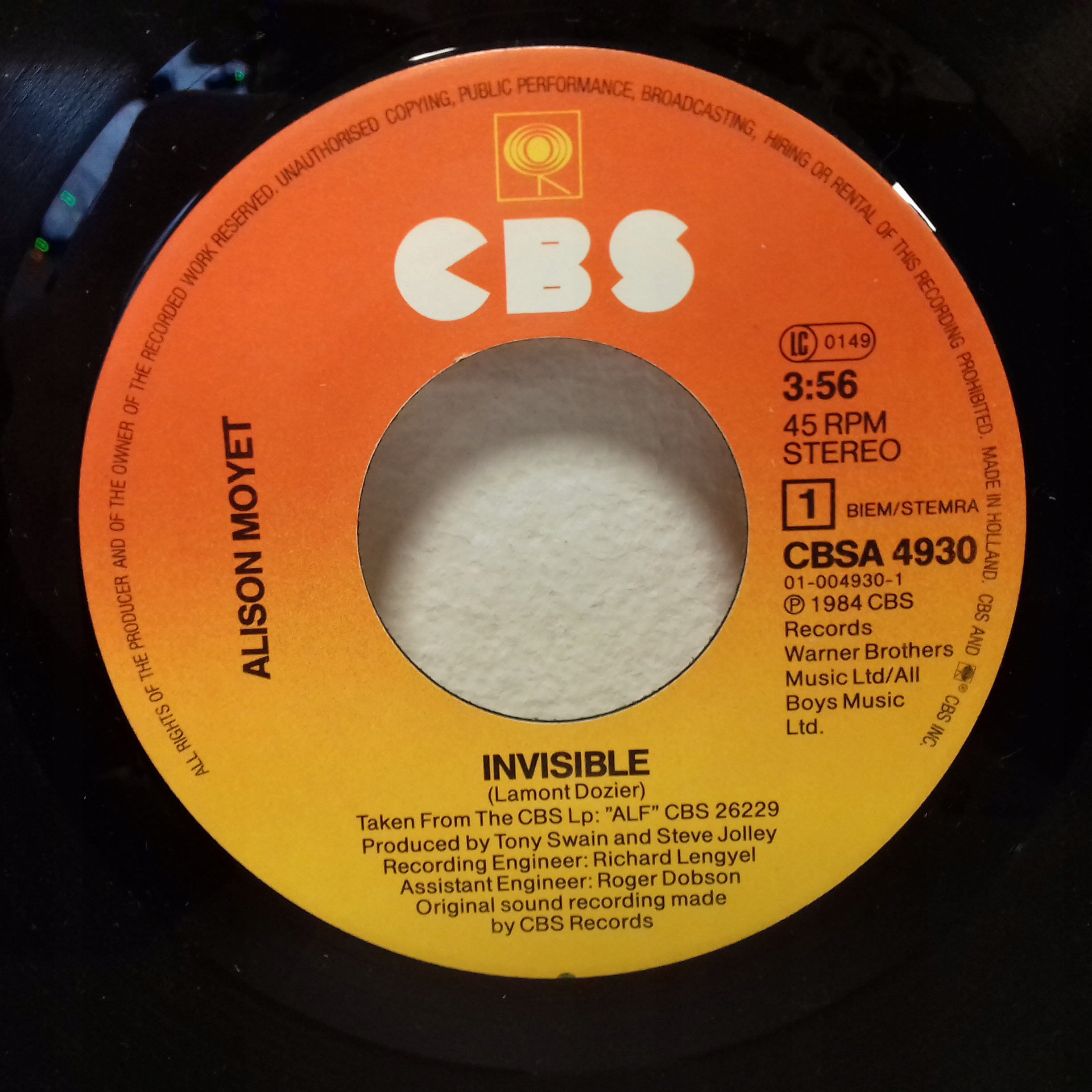 Alison Moyet – Invisible 7" stan IDEALNY- Wytwórnia CBS