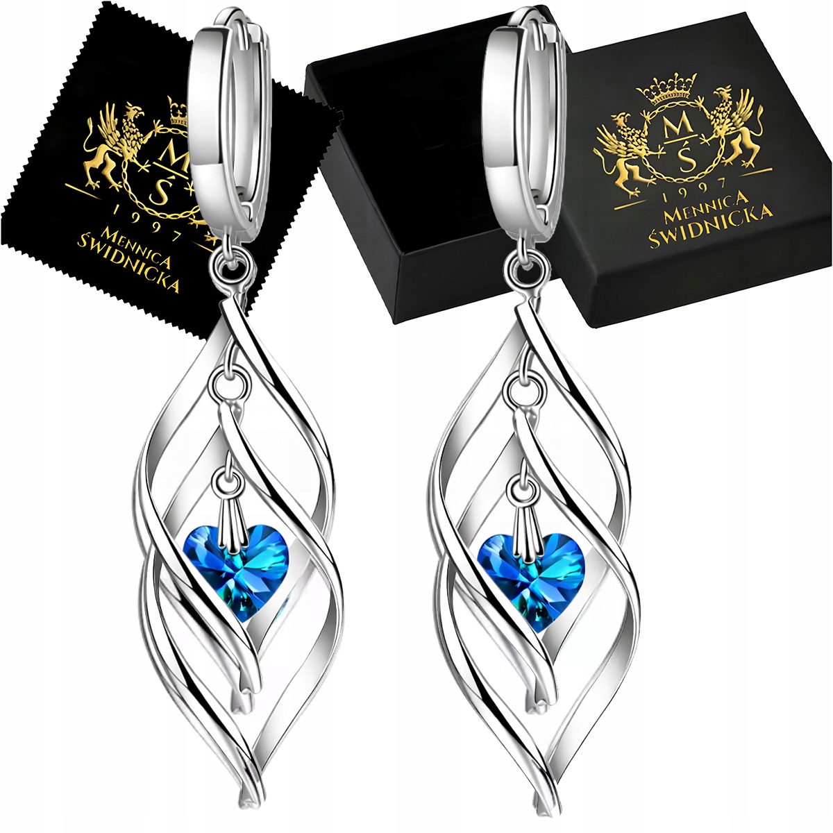 Kolczyki Srebro 925 Wiszące Cyrkonie Serca Zapięcie Angielskie Wybór Koloru
