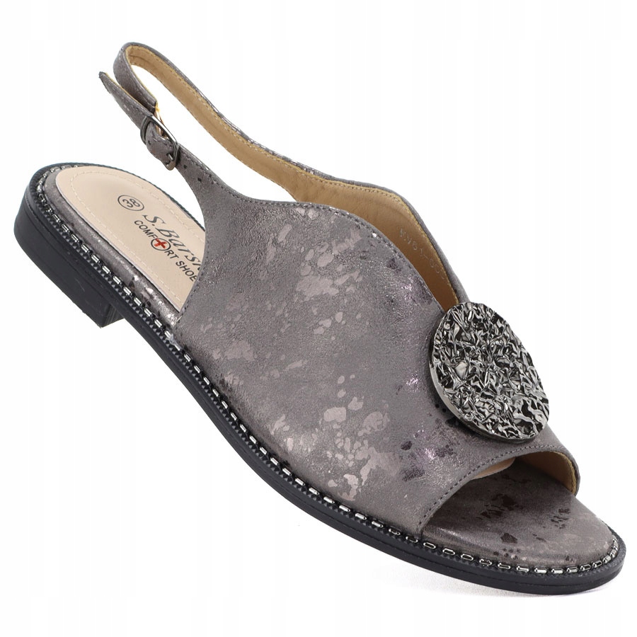Dámské ploché sandály s ozdobou typu pewter S.Barski 61-6035 37