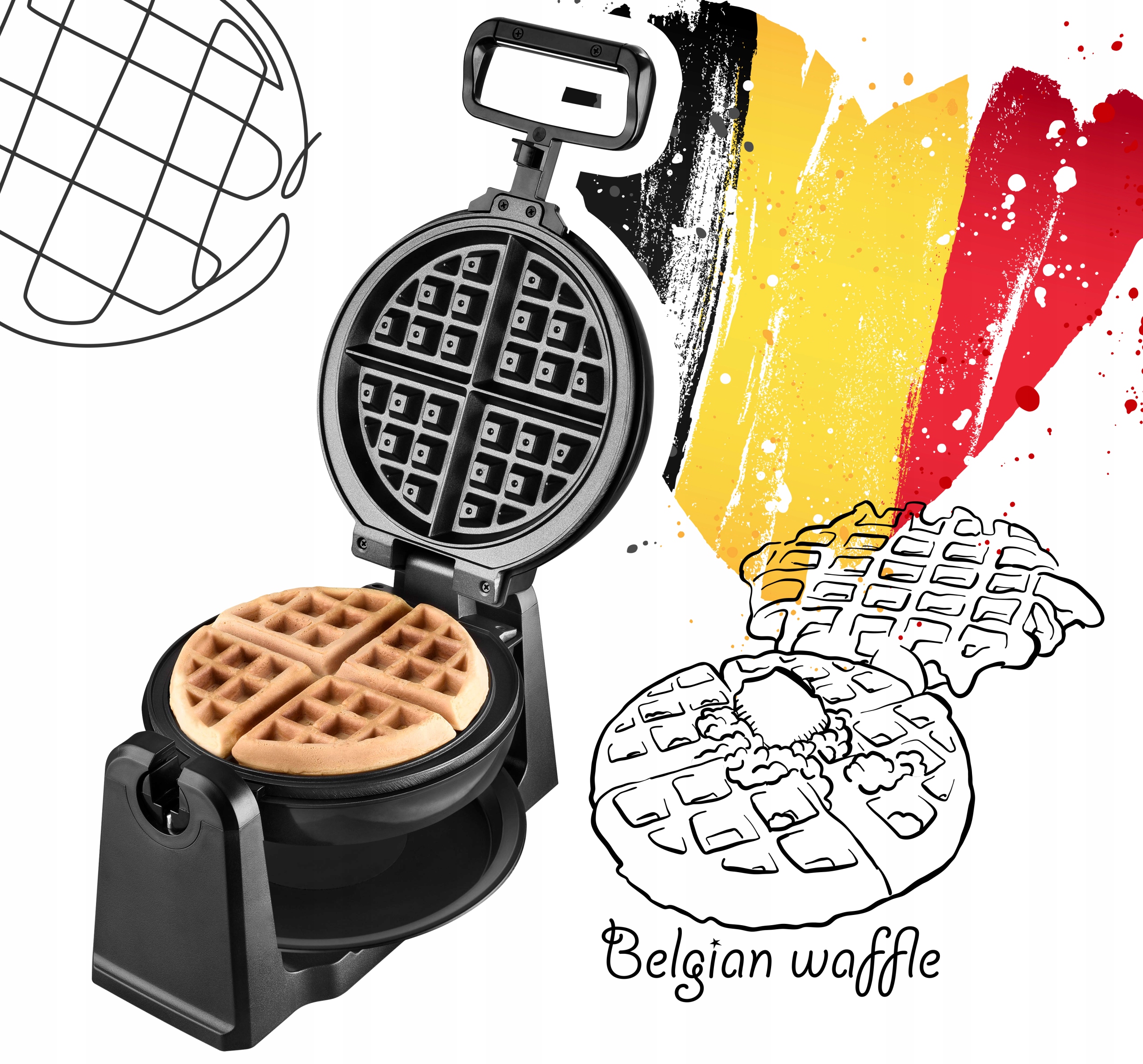 MOCNA GOFROWNICA OBROTOWA 4 Chrupiące Gofry BELGIJSKIE 1000W NONSTICK 180° Kształt gofrów trójkąt