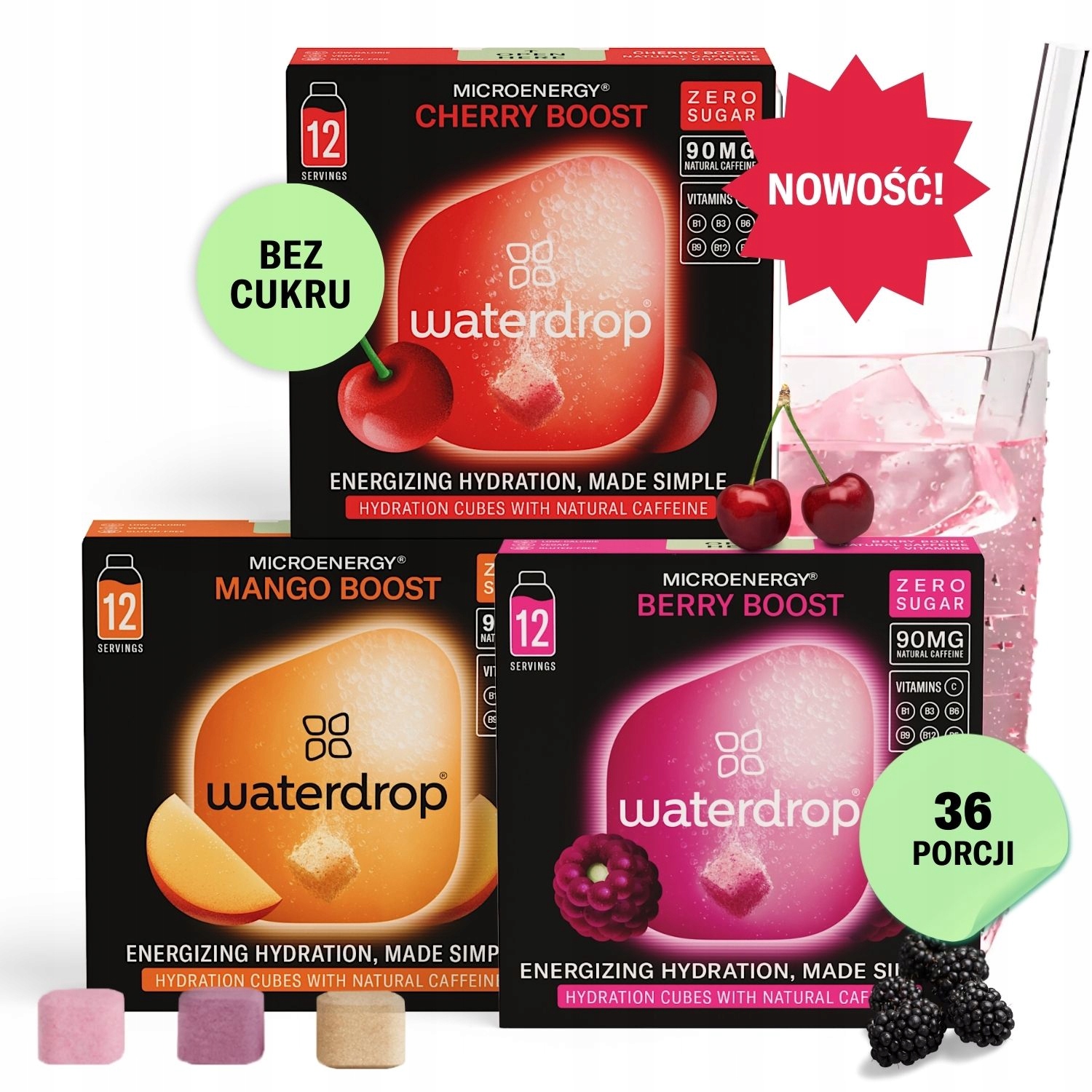 Napój Energetyczny, Waterdrop Energy, 3 Smaki, Bez Cukru, Energetyk, Zero