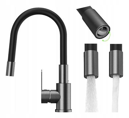 Kuchynská batéria s flexibilným výtokom gun grey Grado Plus, otočný perlátor