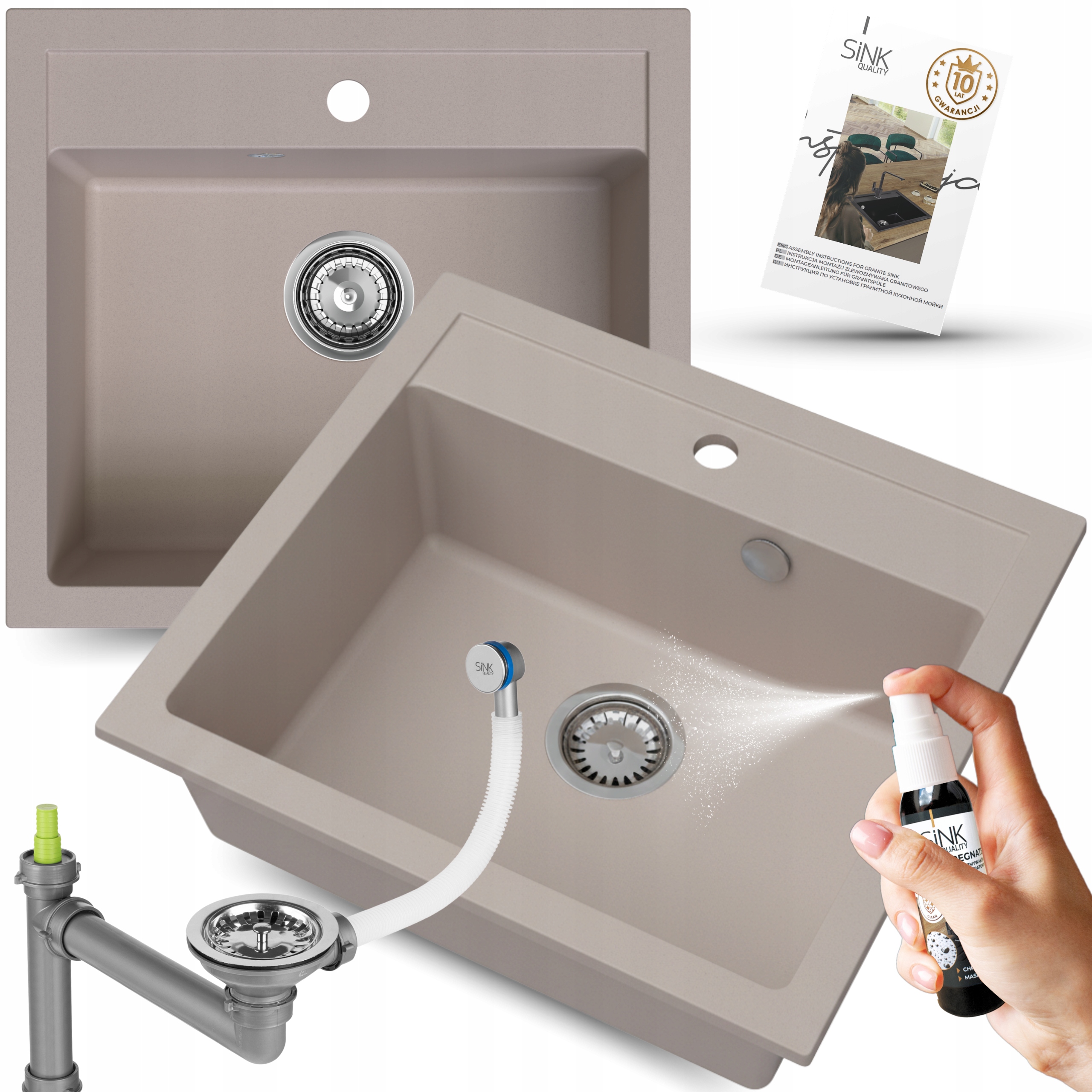 Dřez dřez Jednokomorový béžový Do Skříňky 60 cm Granitový dřez 8v1