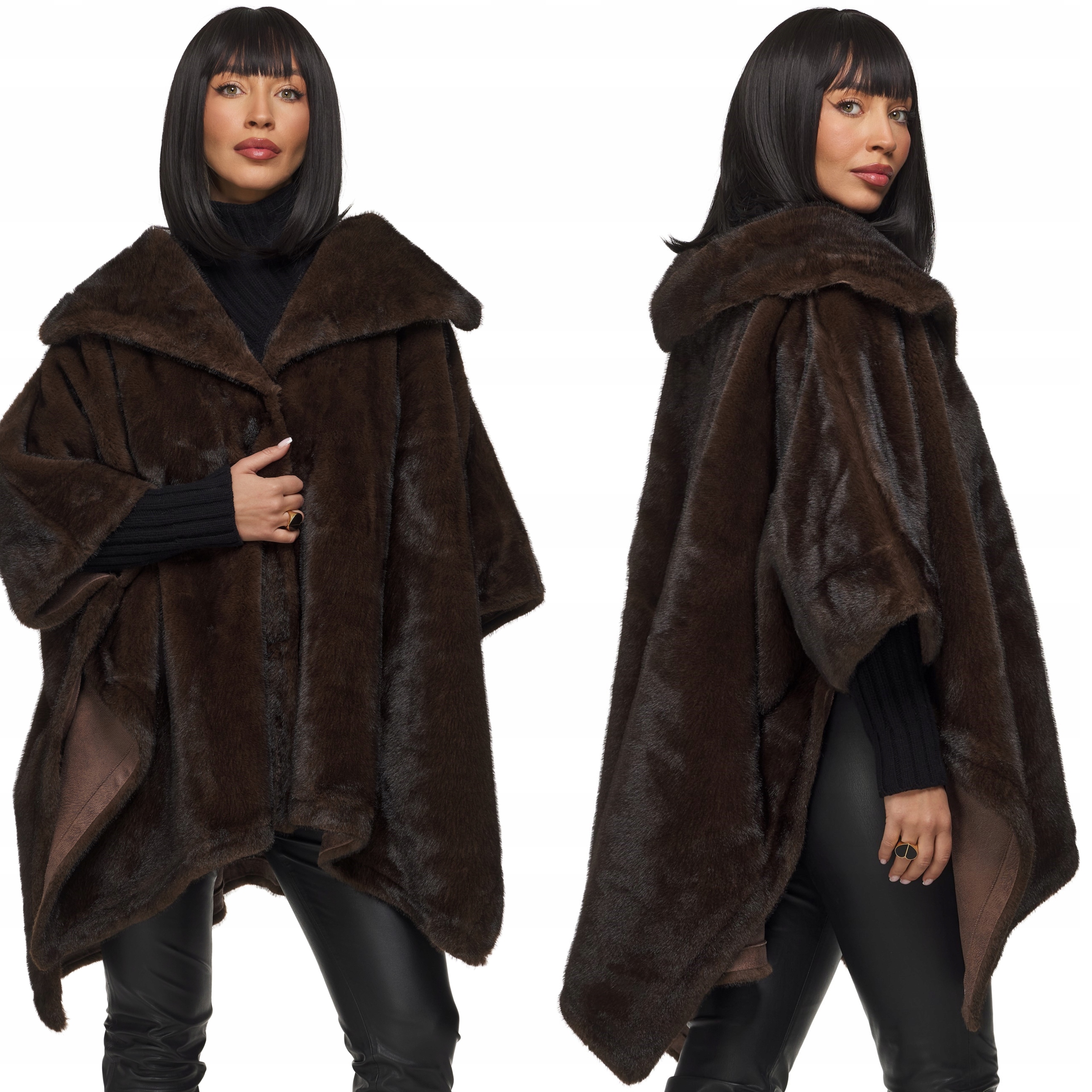 Dámské zimní pončo kabát s kožešina bunda pláštěnka přehoz čokoládové
