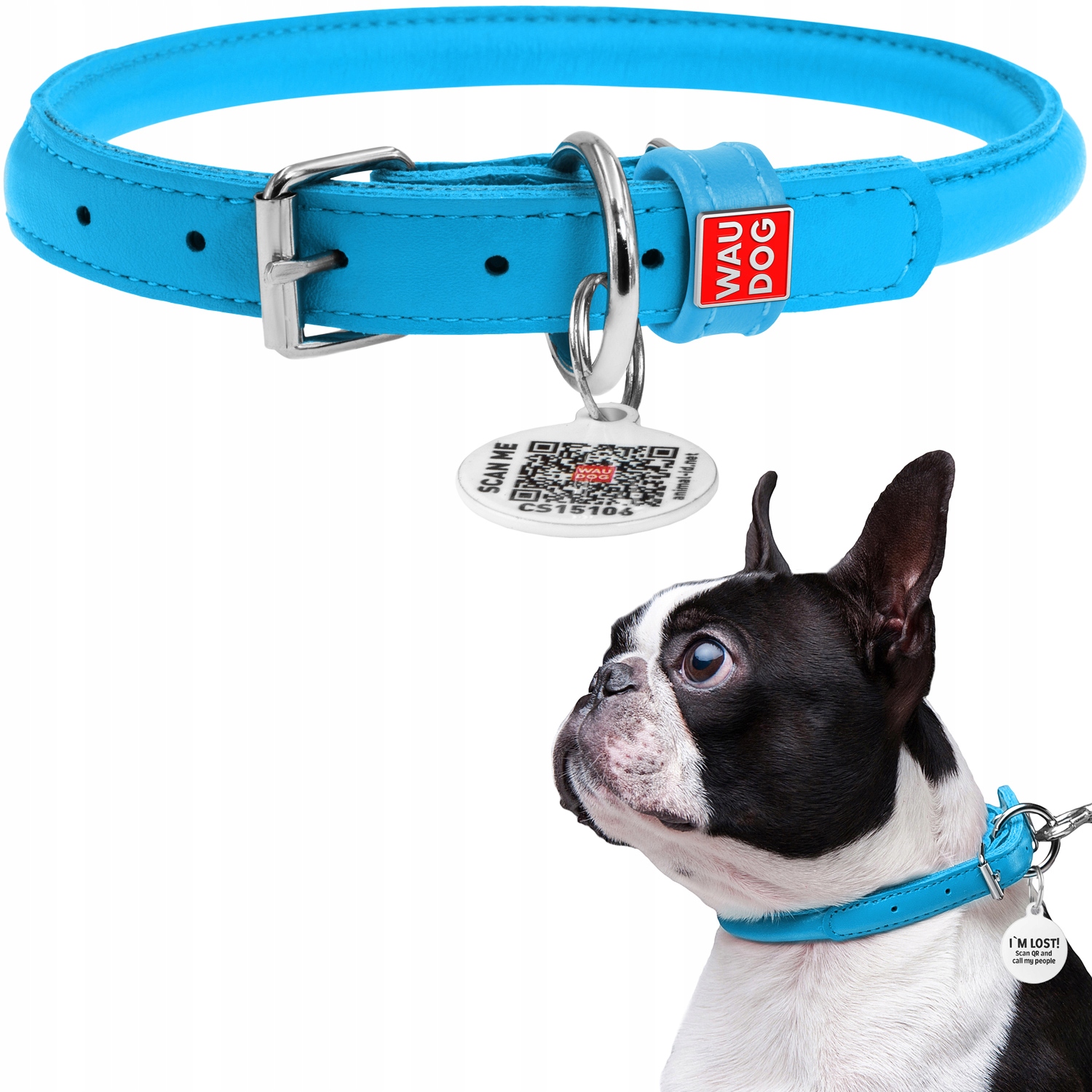 Levně Kožený obojek pro psa kulatý Qr Adresář Bonus, modrý, velikost XL