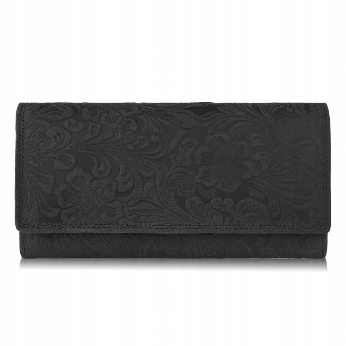 Portfel Damski Skórzany W Kwiaty Vintage Czarny Rfid Modny Paolo Peruzzi