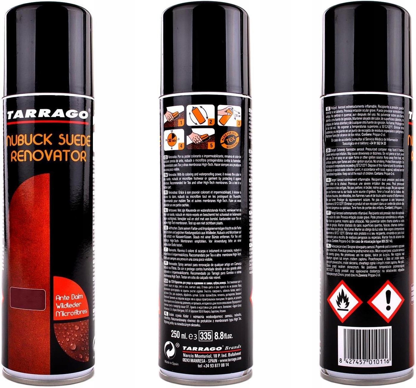 ŚREDNI BRĄZ SPRAY TARRAGO DO RENOWACJI KOLORU CHOLEWKI BUTÓW ZAMSZU NUBUKU Nazwa WYSOKIEJ JAKOŚCI PIELĘGNATOR KOLORU SKÓR SZORSTKICH ZAMSZU NUBUKU SPRAY KOLORYZUJĄCY PŁYN