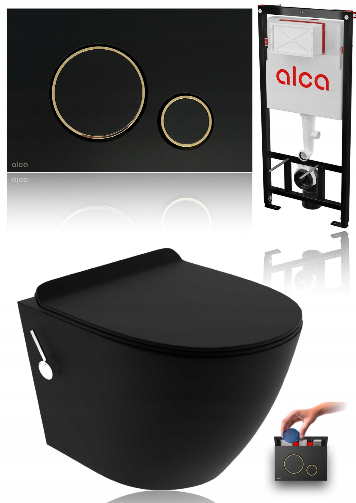 Zestaw stelaż podtynkowy miska WC z funkcją bidetu 2w1 CZARNY MAT ZŁOTY