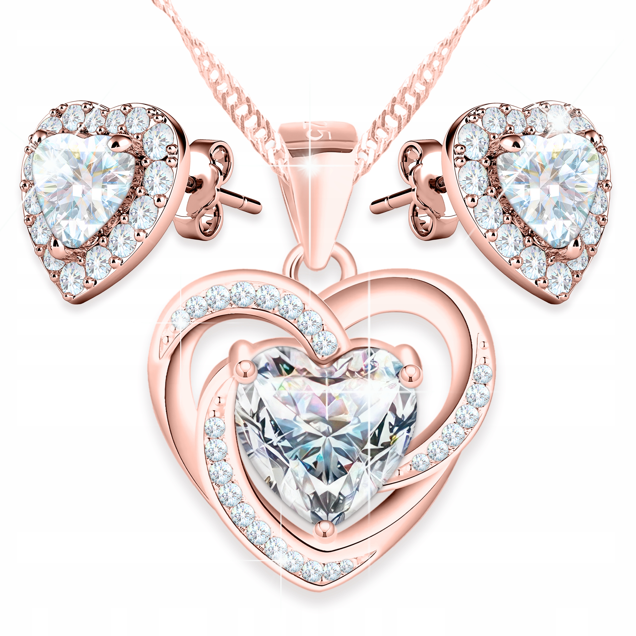 Sada pozlacených náhrdelníků a Náušnice Bílé srdce s zirkony Stříbro 925