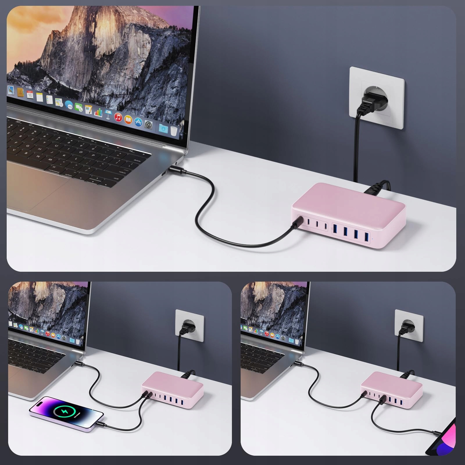 Feob TECHPOWER Ładowarka USB C 200W GaN III 8-Port Szybkie Ładowanie Różowa — miniatura 4