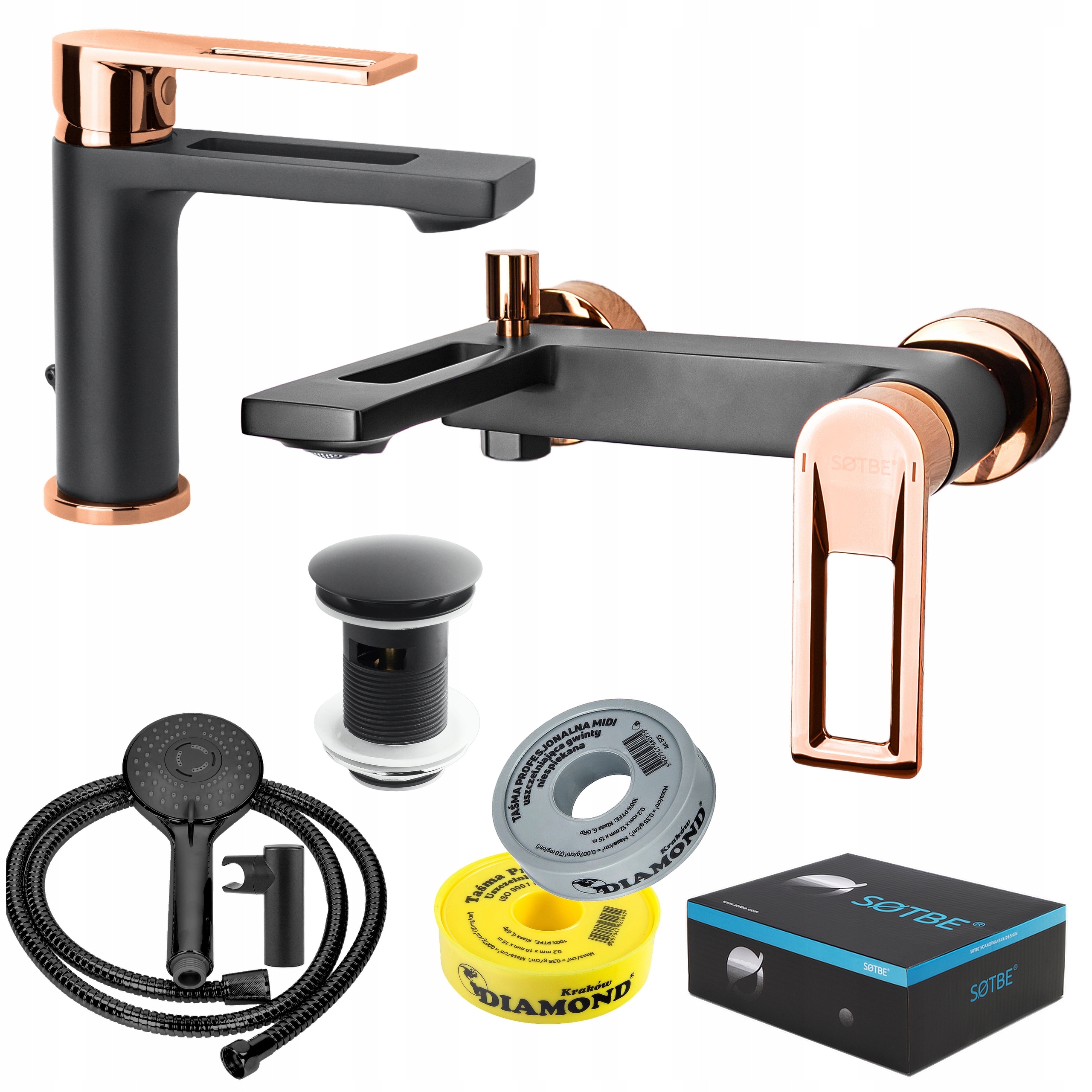 Vaňová a umývadlová batéria čierna, zlatá, kompletná sprchová súprava s korkom