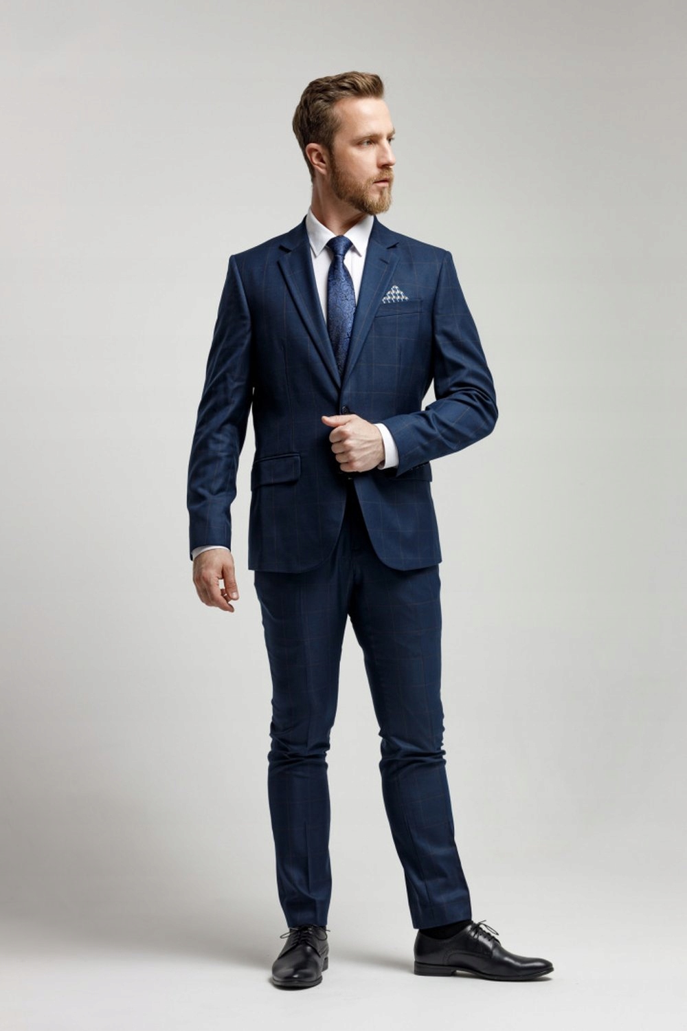 Granatowy Garnitur w Kratę VICTORIO 176/100/86 Wzór dominujący kratka