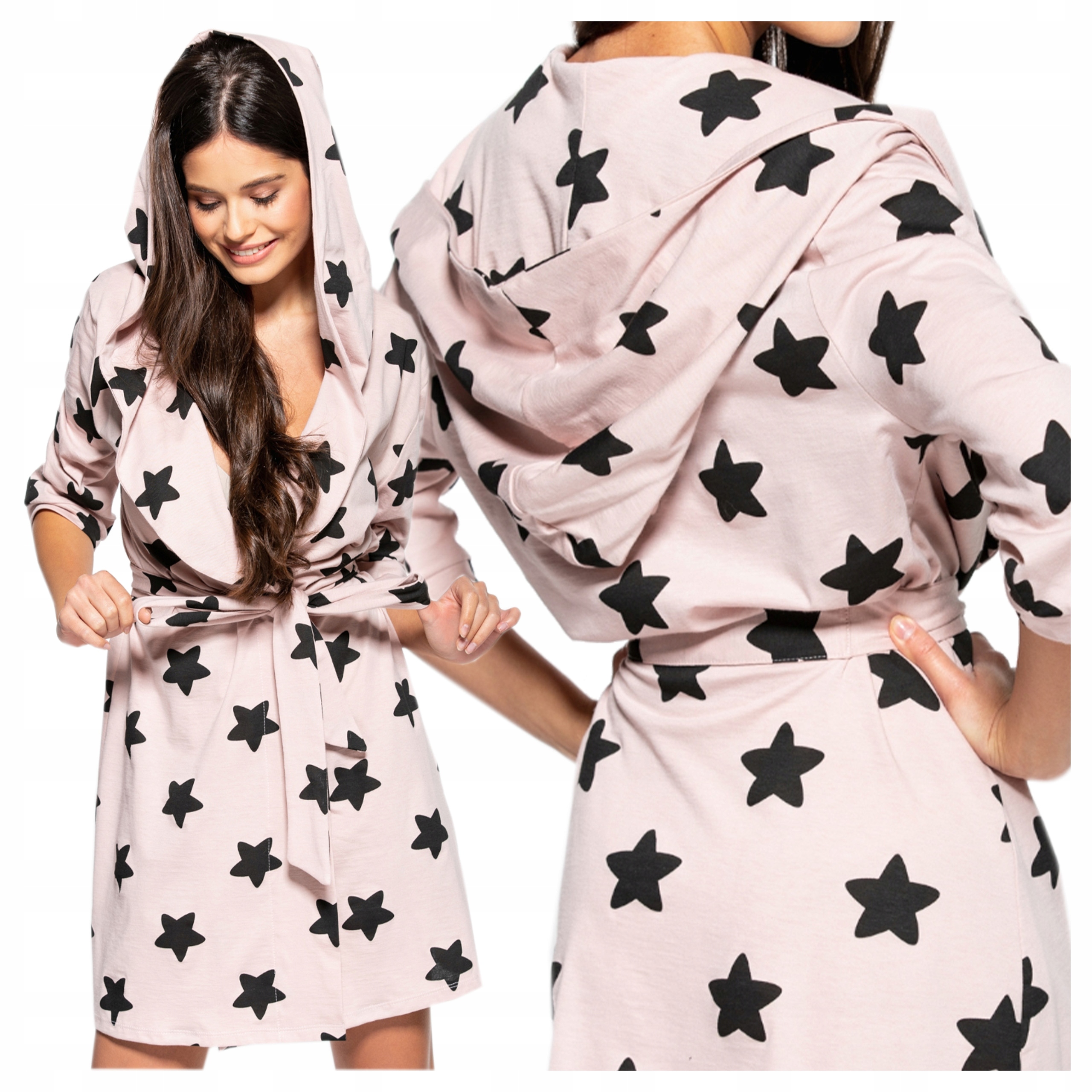 Tenký župan vázaný v pase s kapucí s hvězdičkami 100% Bavlna Losos S