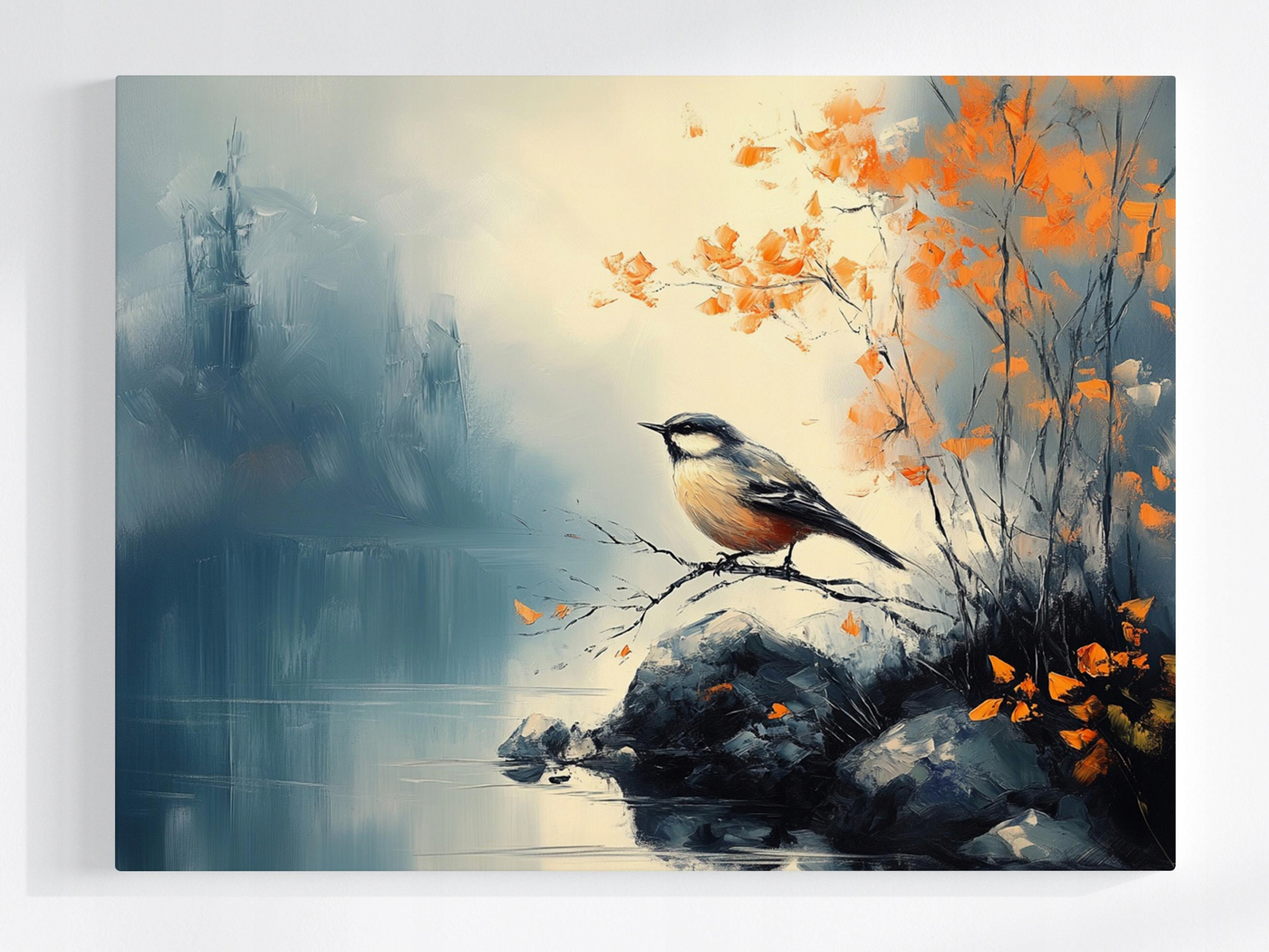 Obraz Na Plátně Canvas Příroda Krajina Pták Sikorka Voda Podzim 80x60
