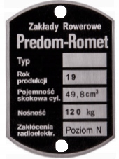 

Tabliczka Znamionowa Romet Predom (rok 19..)