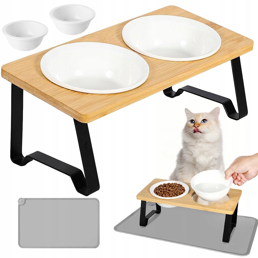 Levně Stojan Na Krmení S Keramickými Miskami A Silikonovou Podložkou Pro Kočky