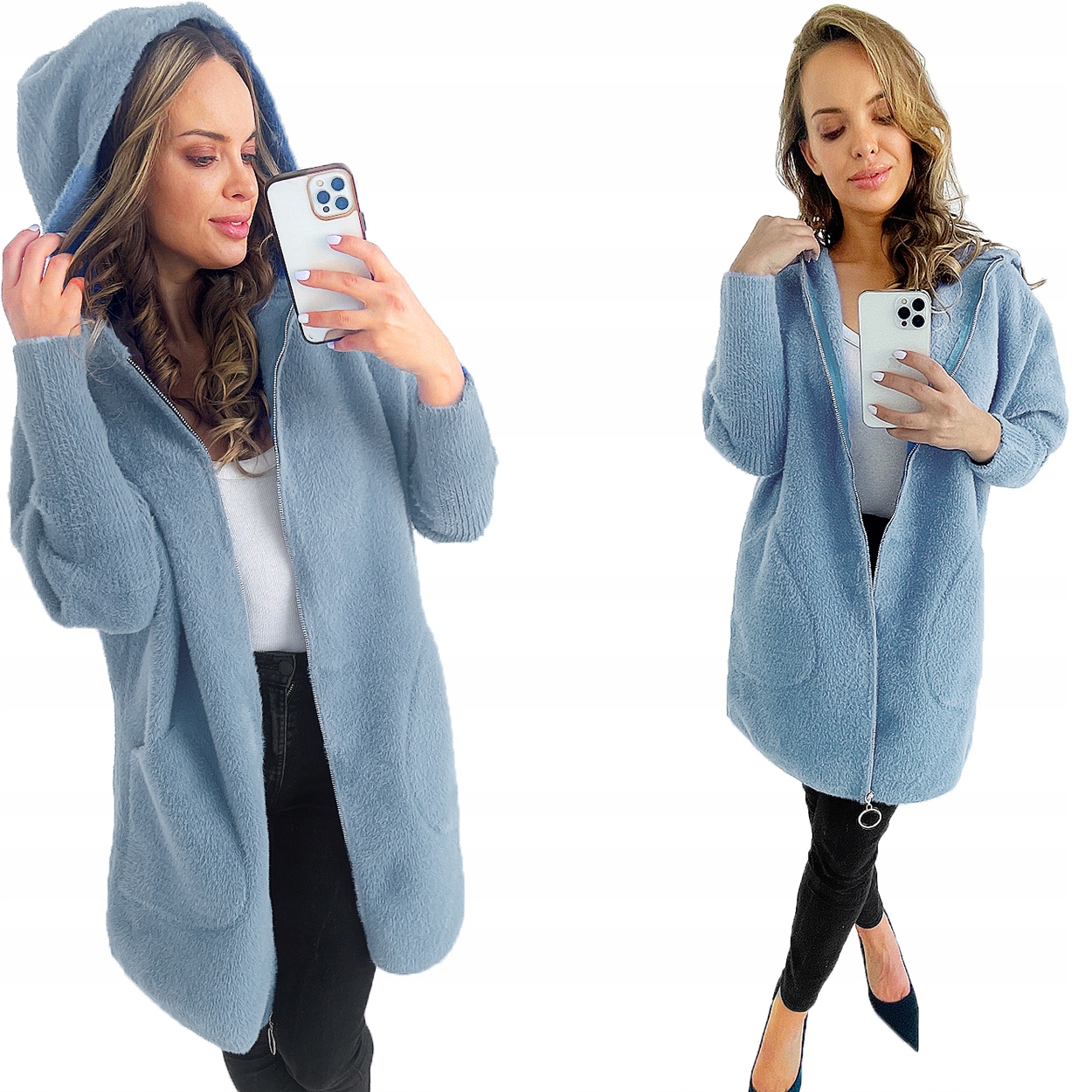 Klasický Teplý Kabát Z Alpaky Na Zip V Barvě Baby Blue