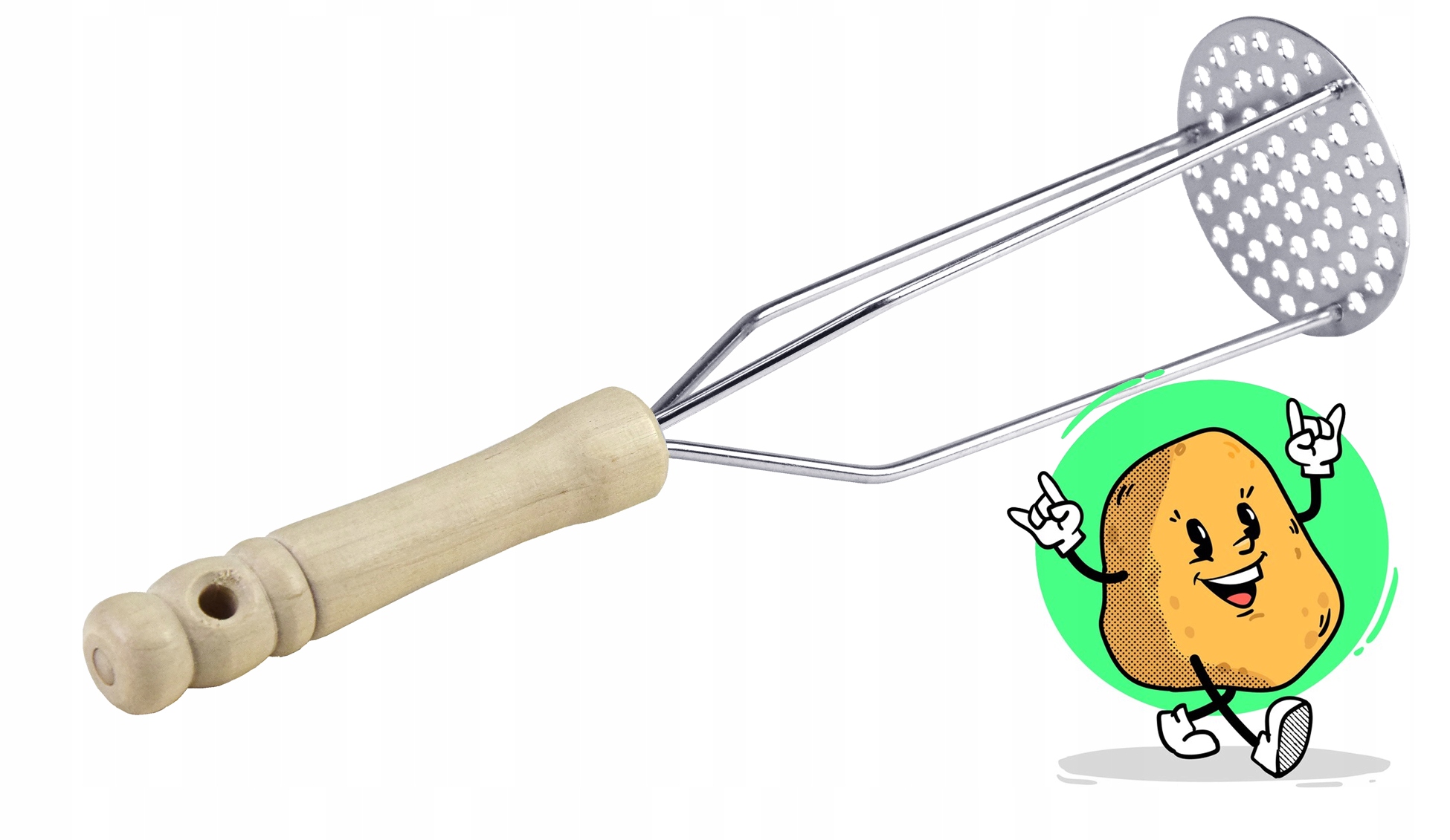 TRADYCYJNY TŁUCZEK DO ZIEMNIAKÓW OKRĄGŁY UBIJAK NATURALNY DREWNIANA RĄCZKA