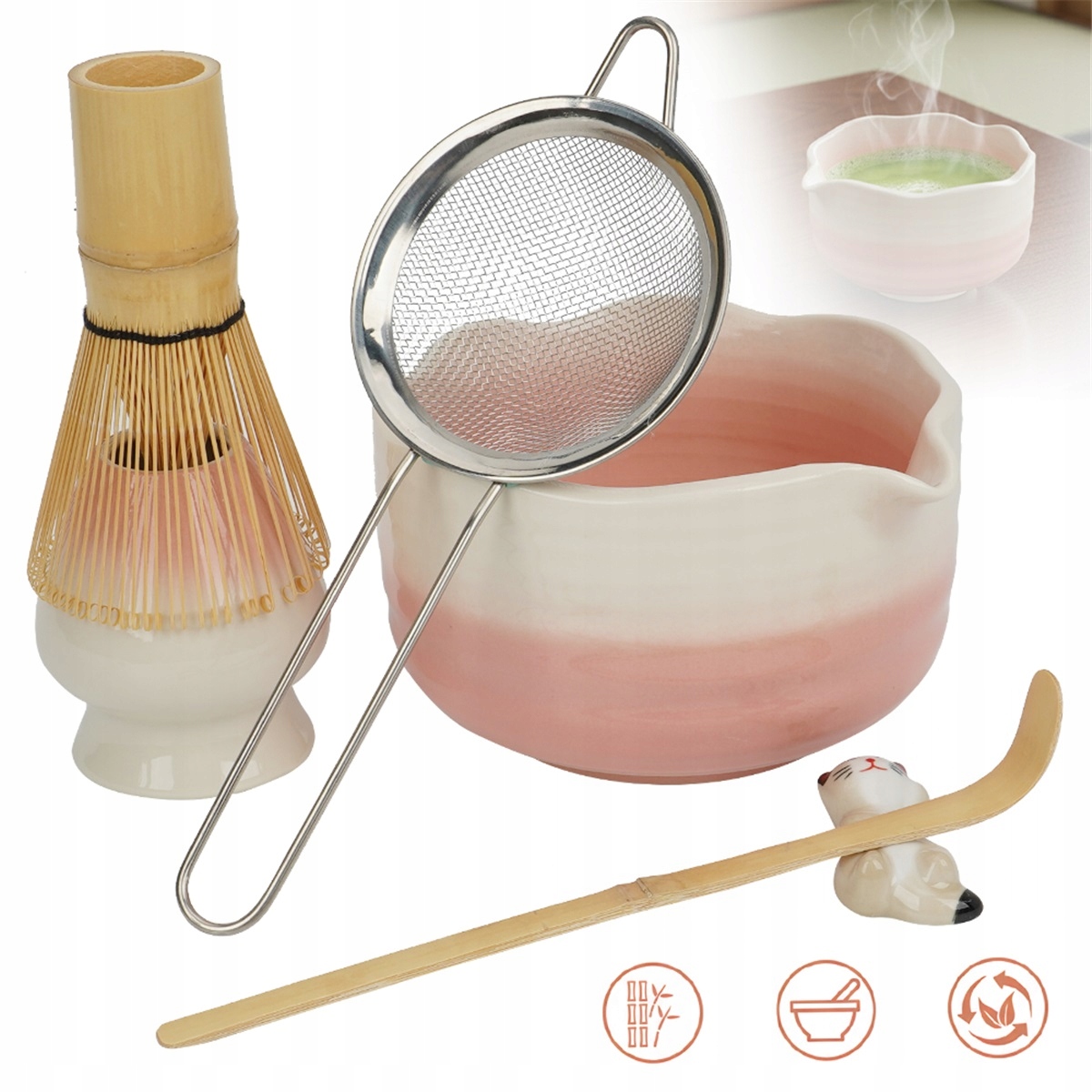 Różowy Komplet Do Matcha Z Bambusową Trzepaczką I Sitkiem Stalowym