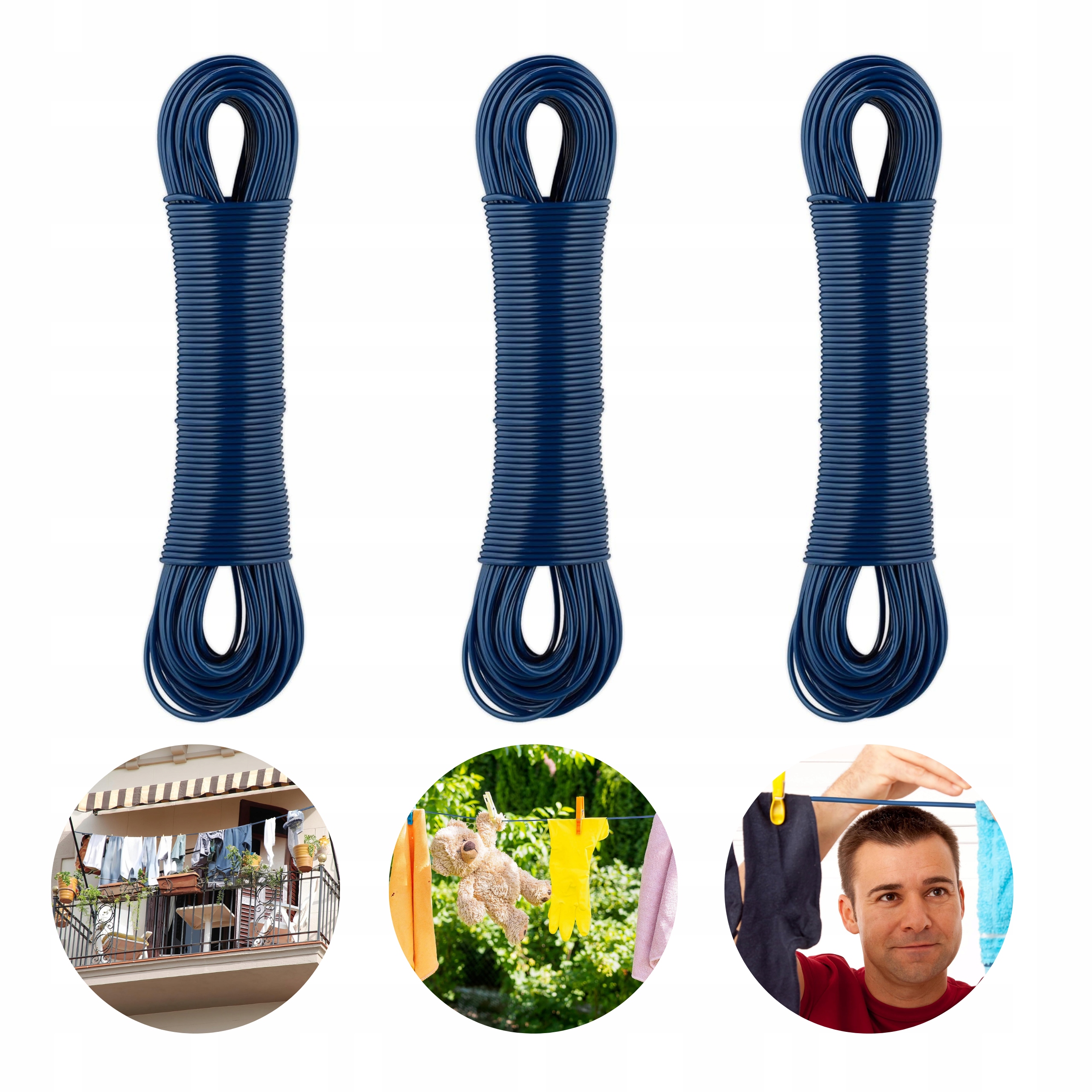 Silné prádelní lanko sada 3x50 m ocelové jádro Pvc 50 kg modrá