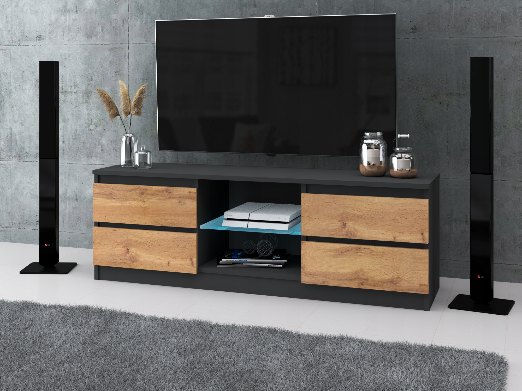 Szafka RTV ANTRACYT/DĄB WOTAN Szafka Stojąca 4 szuflady Stolik pod TV 138cm EAN (GTIN) 5906301893424