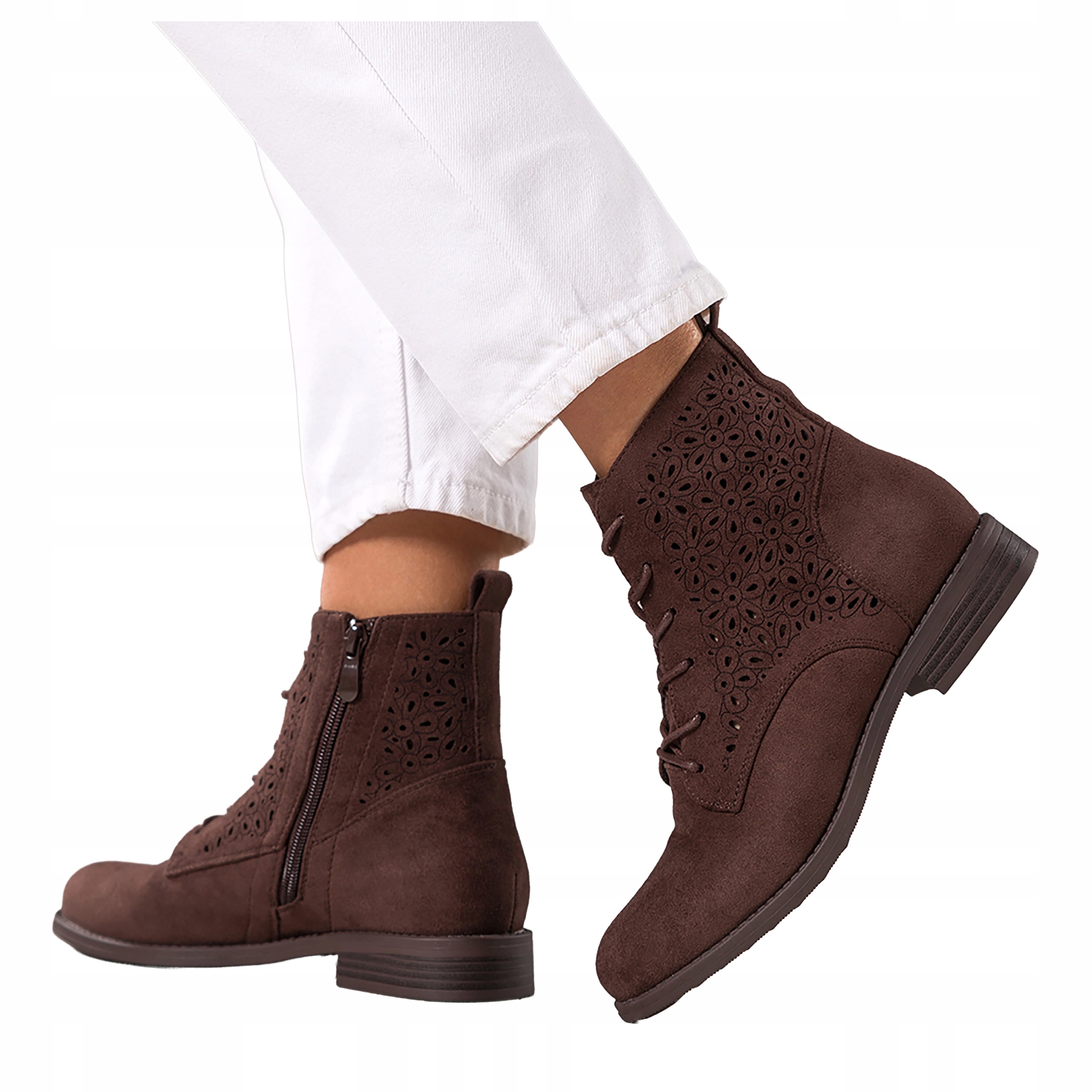 Čokoládové dámské kotníkové boty Ažurové Šněrovací Semišové Módní Ploché r 36