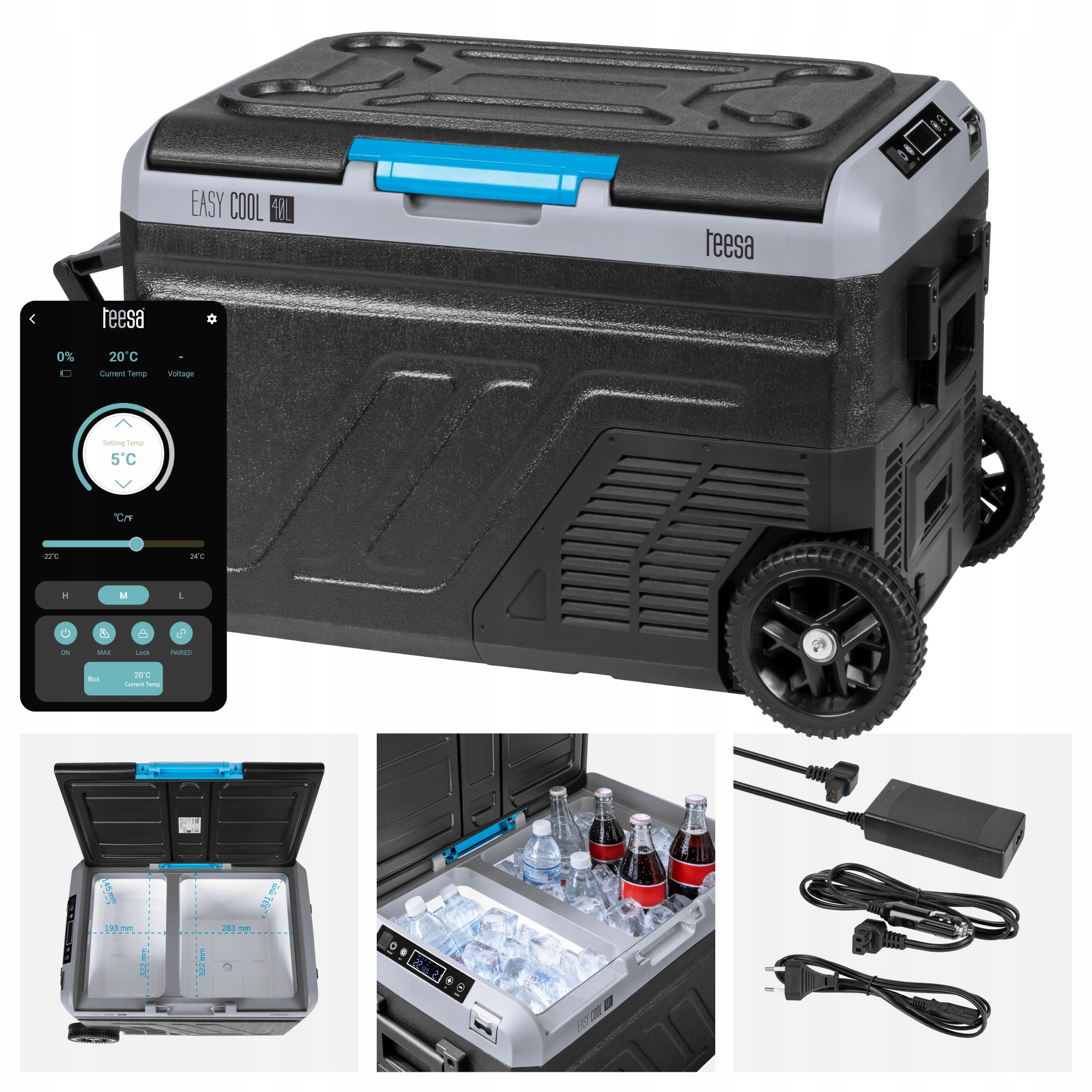 Lodówka turystyczna kompresorowa samochodowa 40L AC/DC/bateria App koła