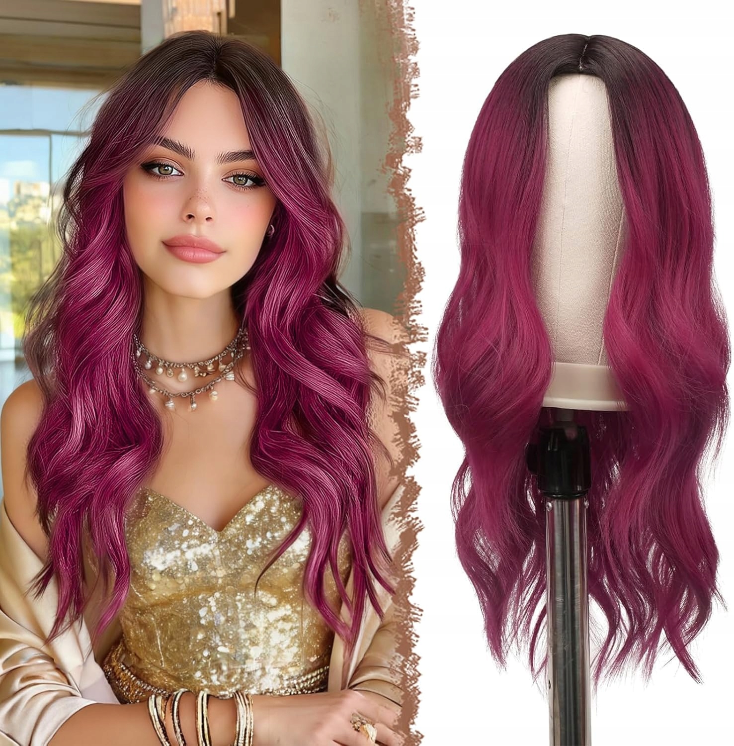 Syntetická paruka bordový bob s ofinou, vlnité vlasy, ombre magenta