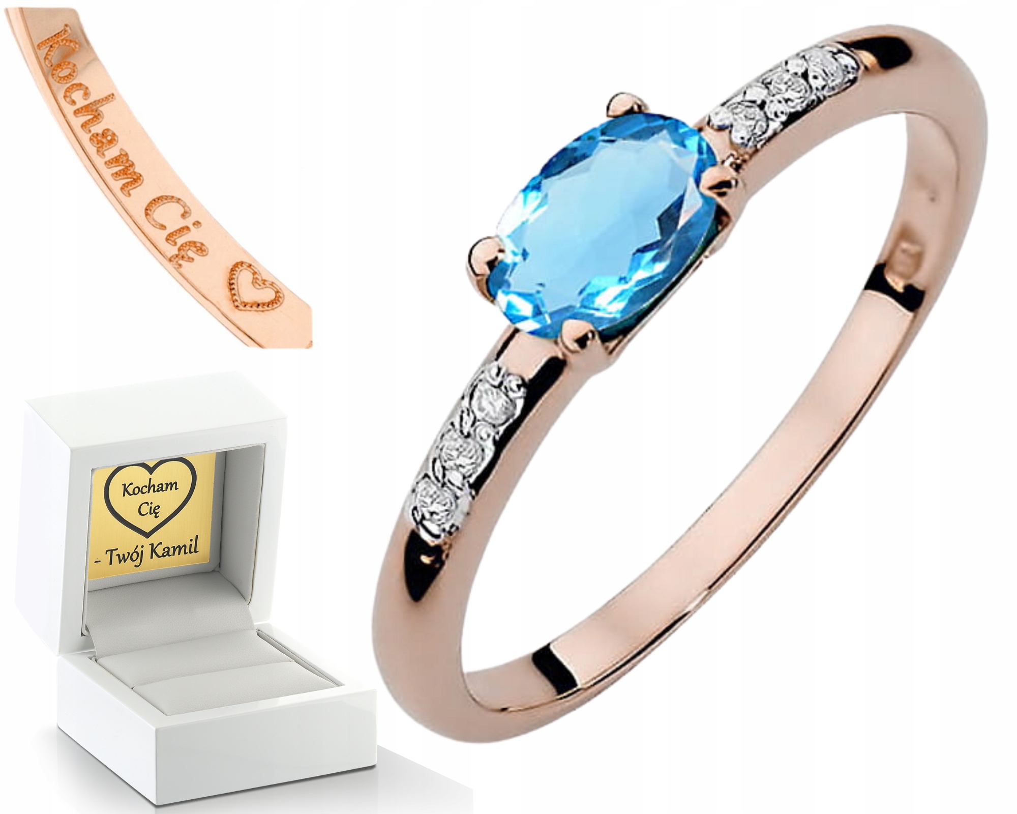 Prstýnek Prsten Z Růžového Zlata S Topazem A Diamanty Gravírování 585