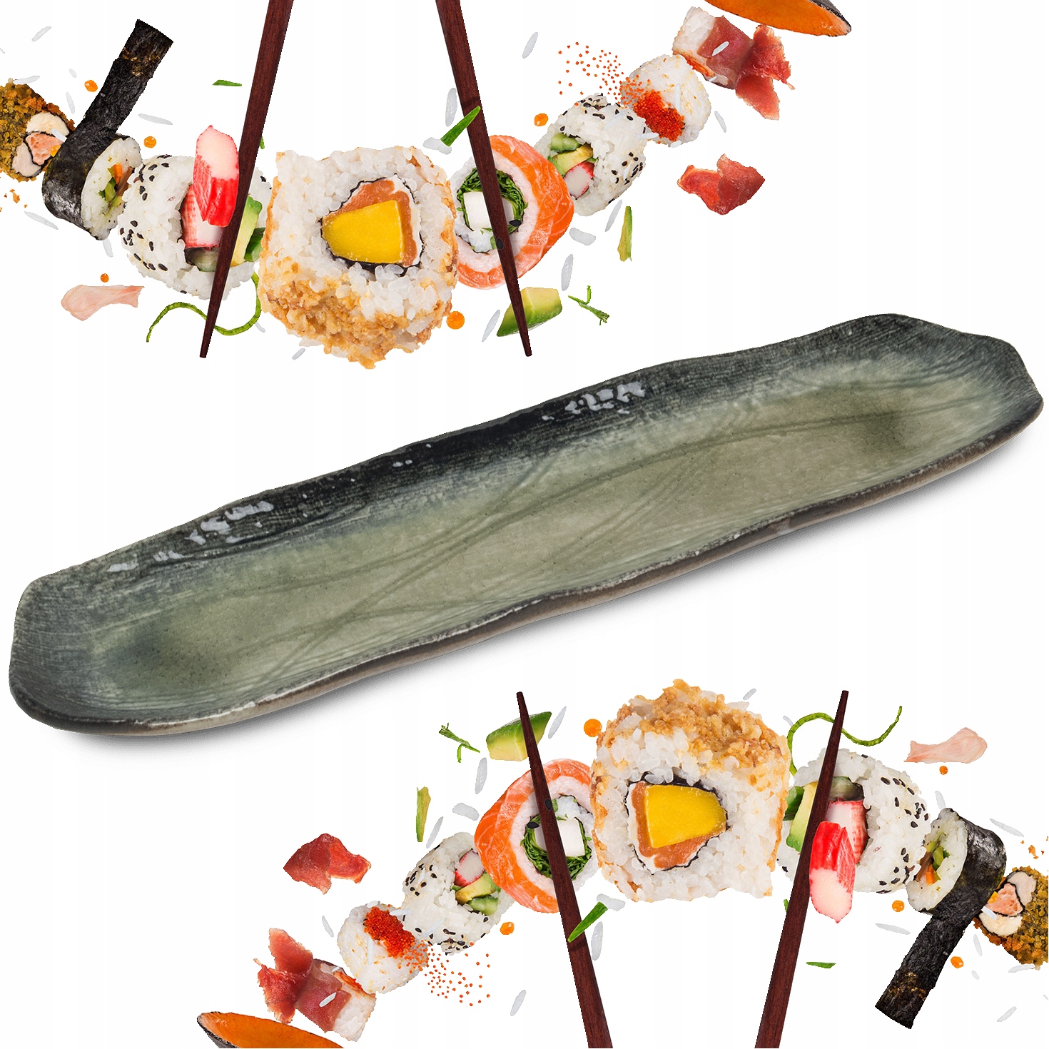 Levně Keramický Dlouhý Servírovací Talíř Sushi Zelený Dekorativní 34cm x 10cm