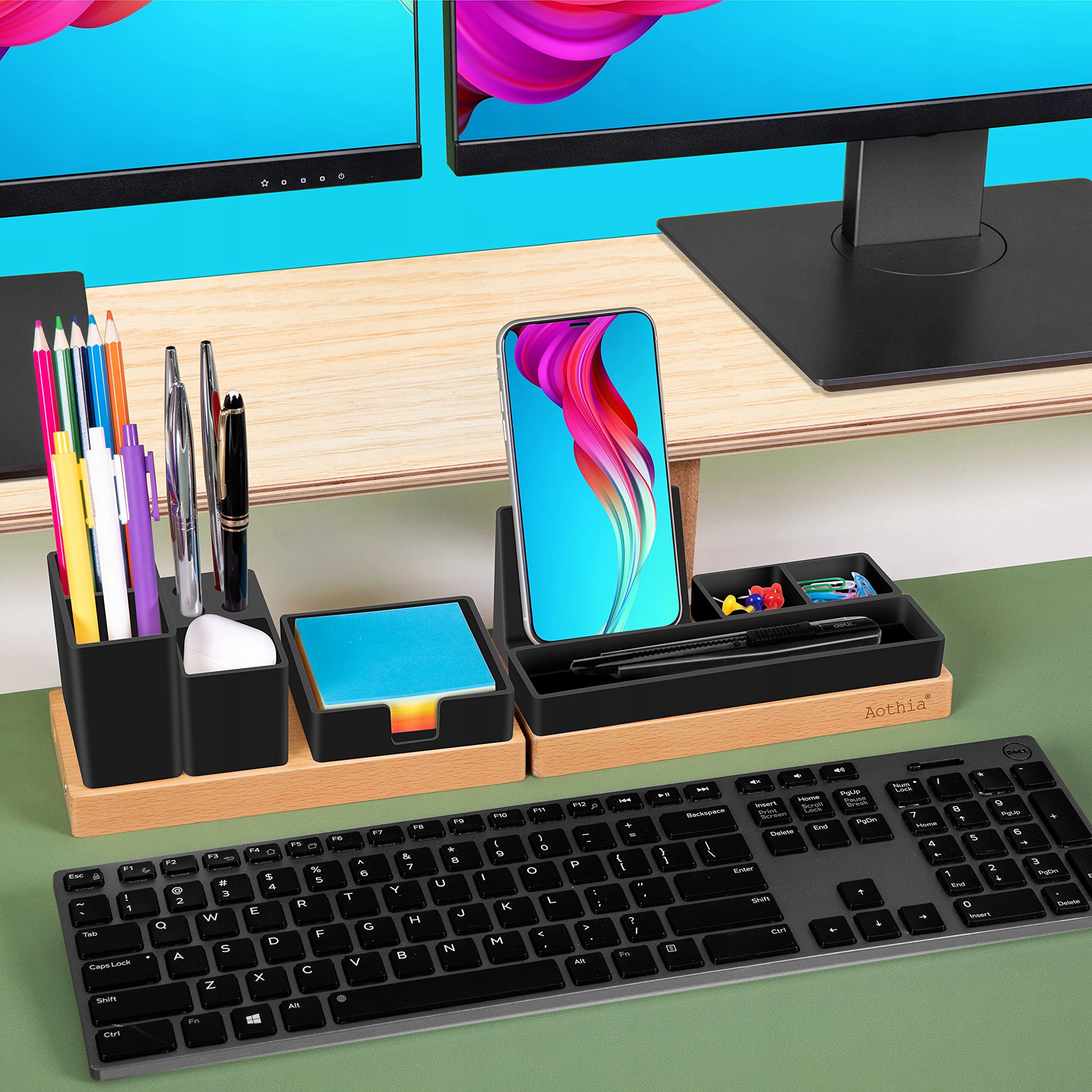 AOTHIA Organizer Biurkowy Drewniany Regulowany Czarny Stojak Na Telefon — miniatura 5