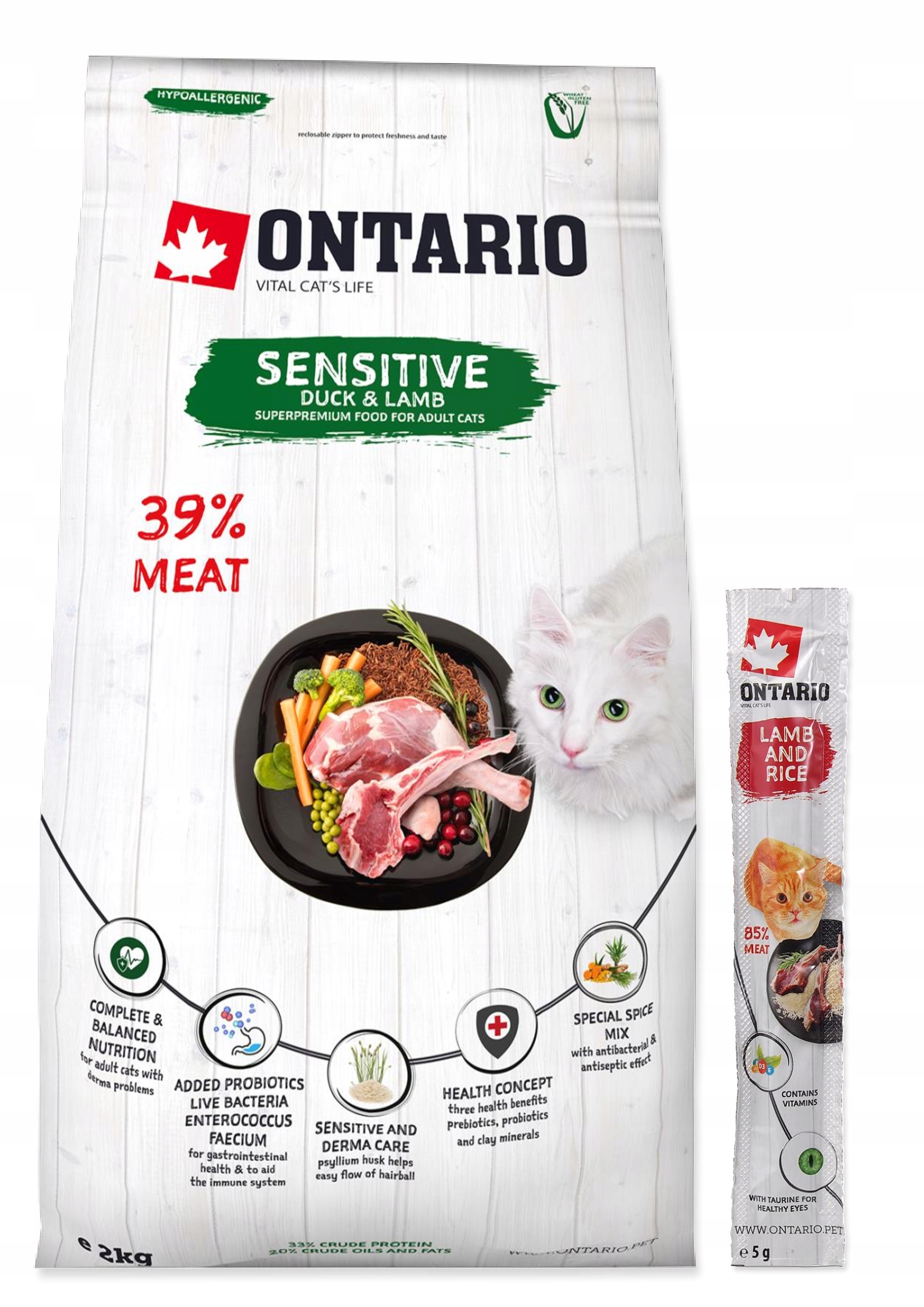 Levně Ontario Sensitive Duck Suché Krmivo Pro Kočky S Citlivou Kůží Kachna 2kg
