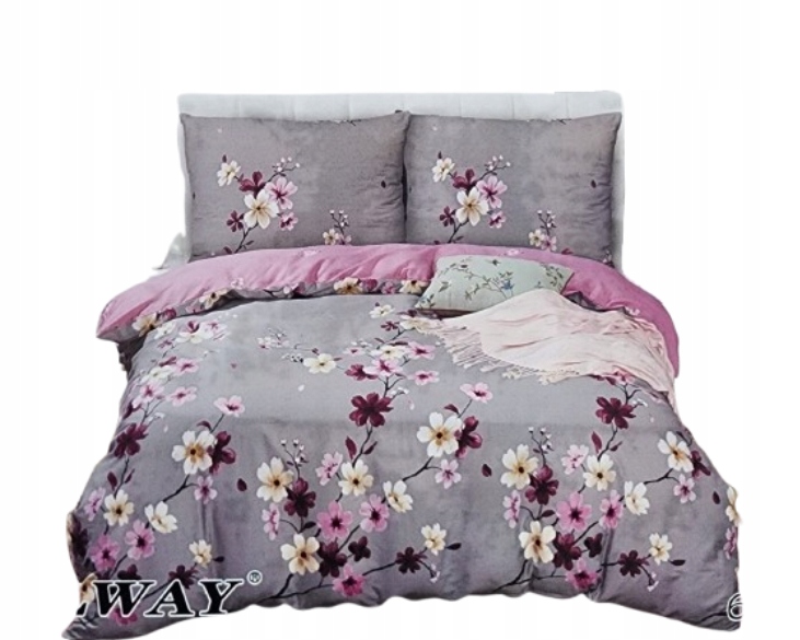 Pościel satynowa- Kwiaty wiśni/szara 200X200 -Elway