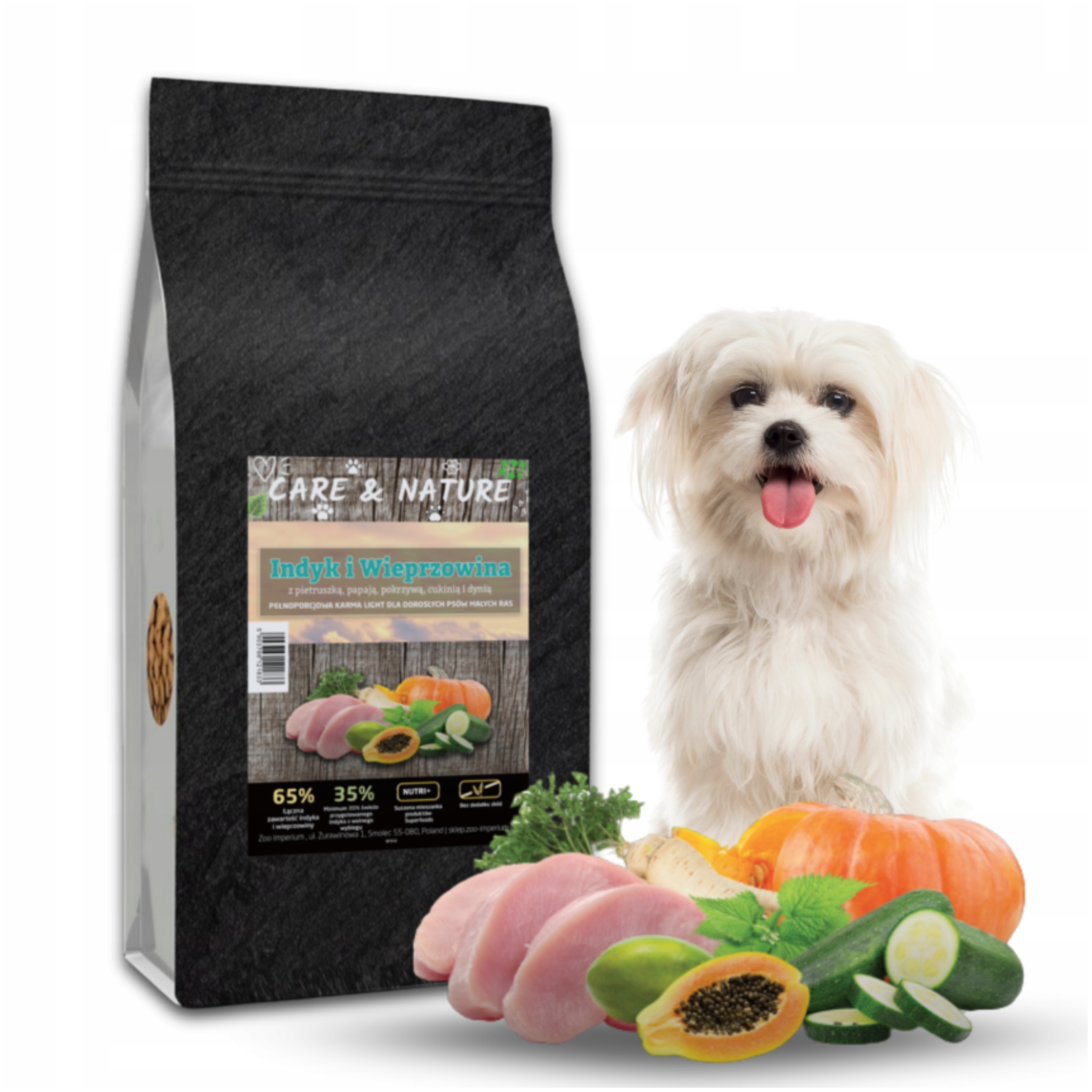 Levně Suché Krmivo pro malá plemena Krůta a vepřové maso 65% Light 12 kg Care And Nature