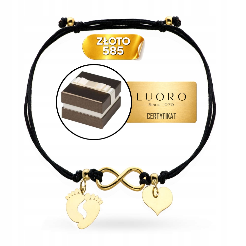 Náramek Zlatý 585 14K Zlaté Nohy Srdce Nekonečno Na Černém Švu