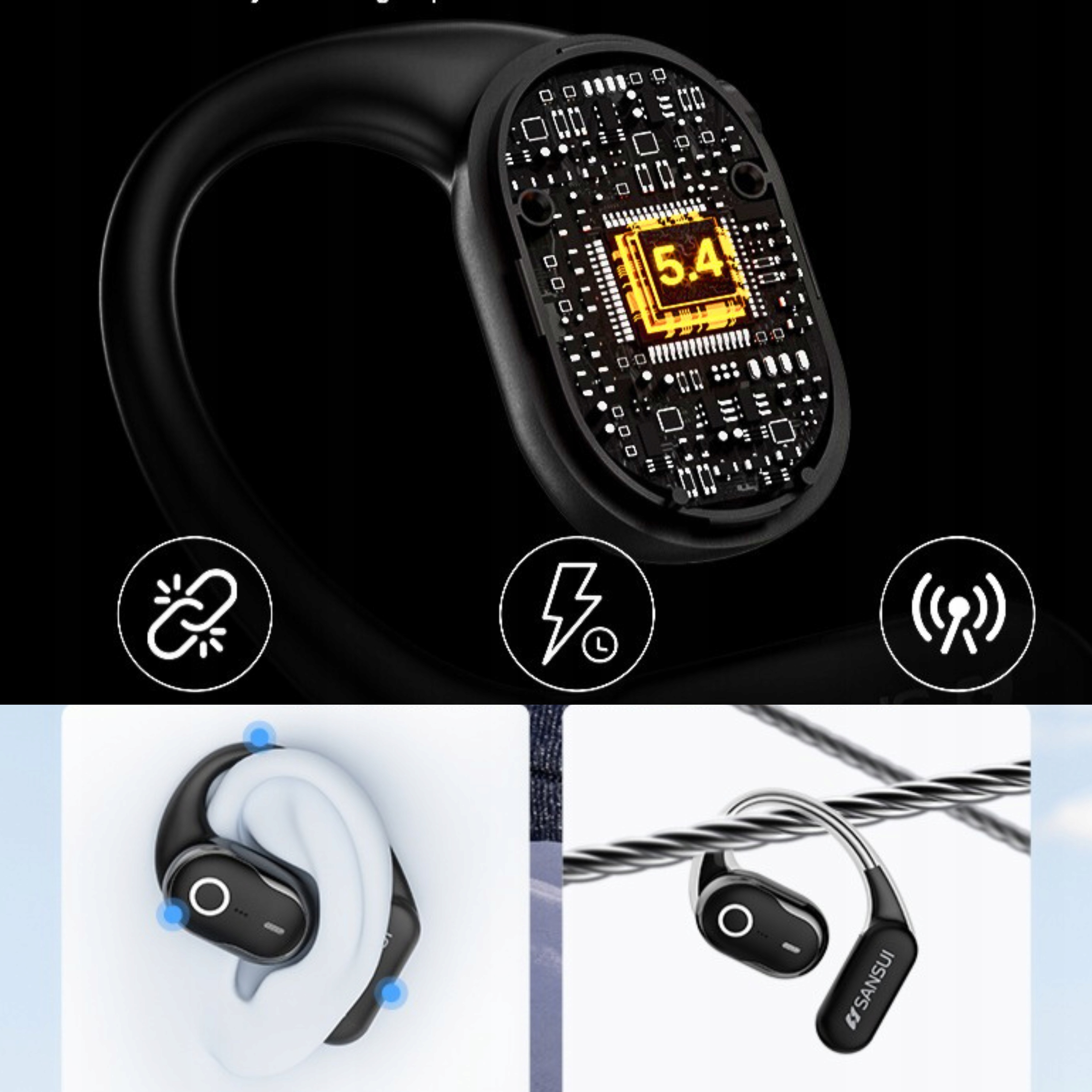 SŁUCHAWKI BEZPRZEWODOWE zauszne SANSUI w26 dwa mikrofony BLUETOOTH 5.4 Transmisja sygnału Bluetooth