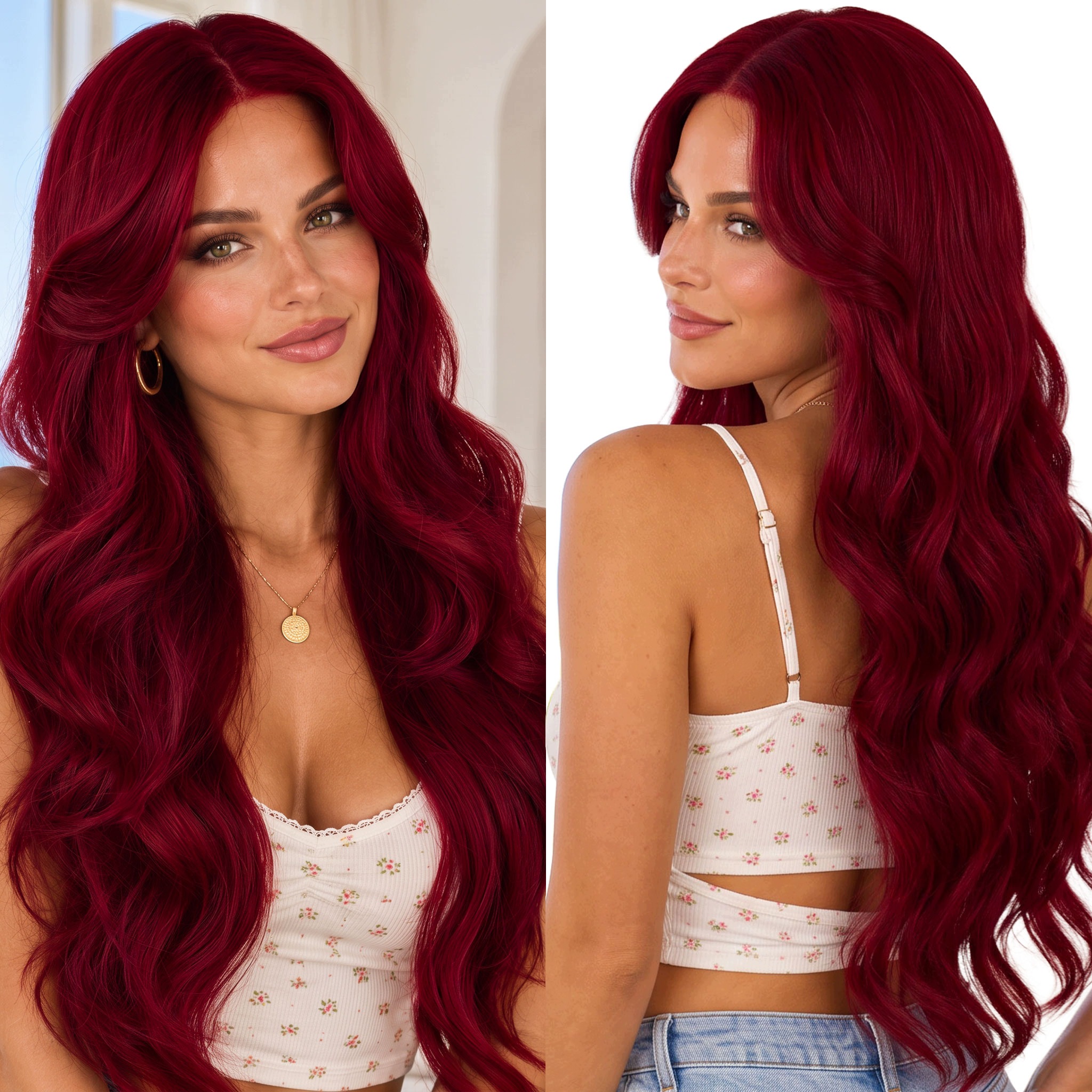 Peruka syntetyczna falowana z grzywką fale Top Lace burgund bordo 75cm 265g