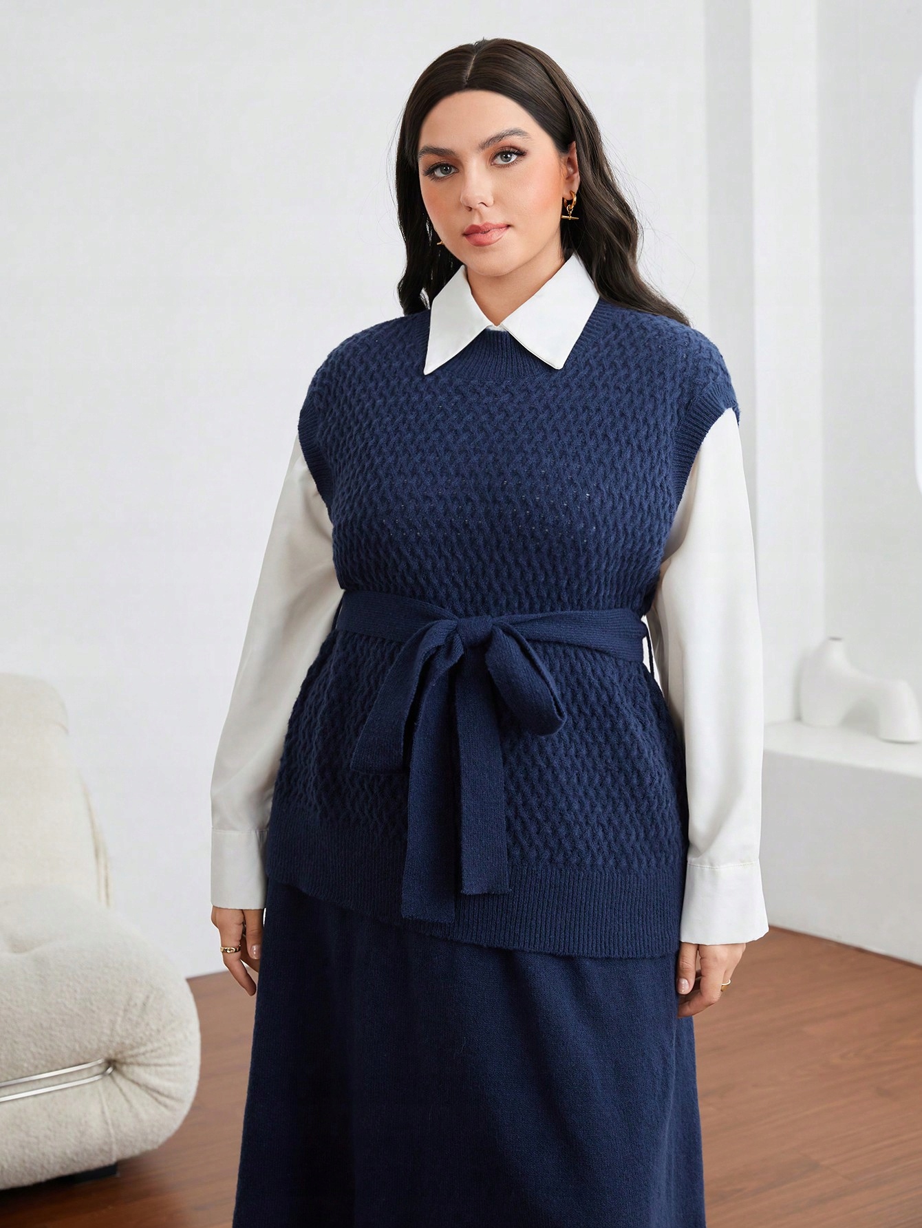 Pletená Souprava Tmavě Modrá Casual Vesta Sukně Maxi Shein 3XL