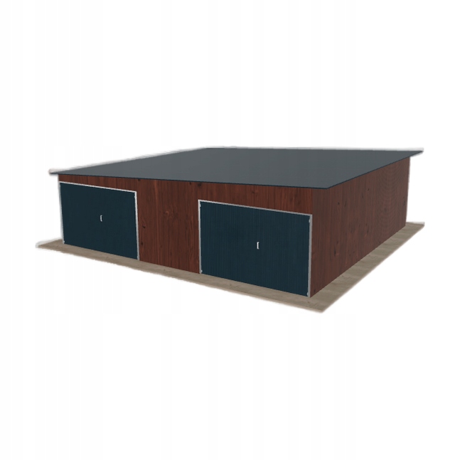 Plechová garáž 8x7.5 m, dvoupolohová, spád vlevo, tmavý ořech