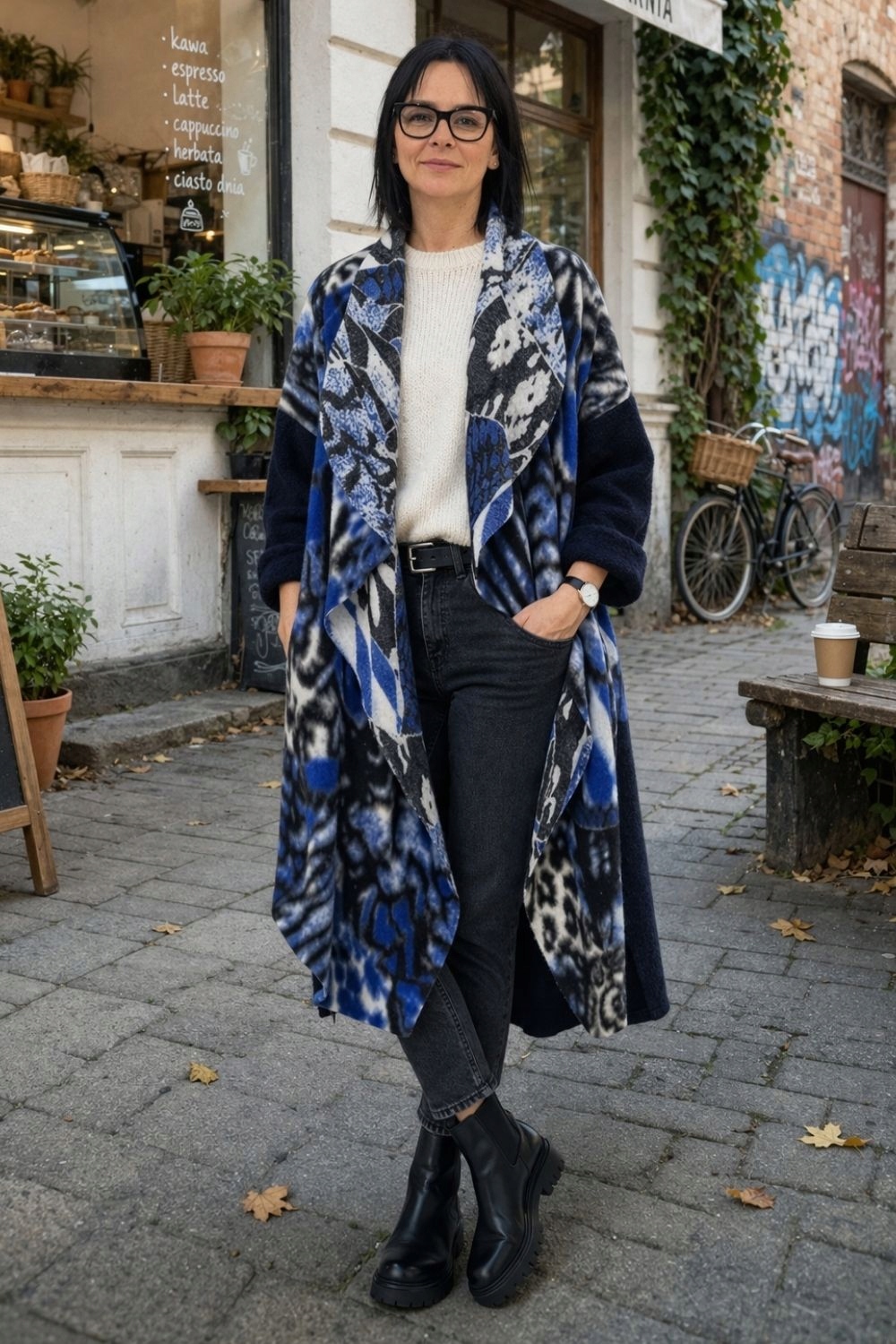 Dámský vlněný kabát 80% Wool italský oversize chrpový vzor Uni