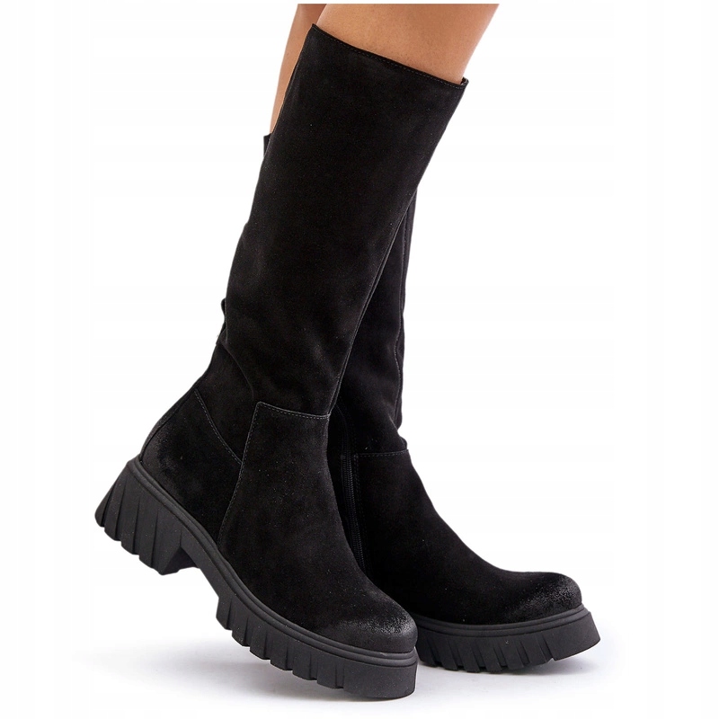 Semišové Kozačky Na Zip Zateplené Před Kolenem Zazoo 70145 Černé 38