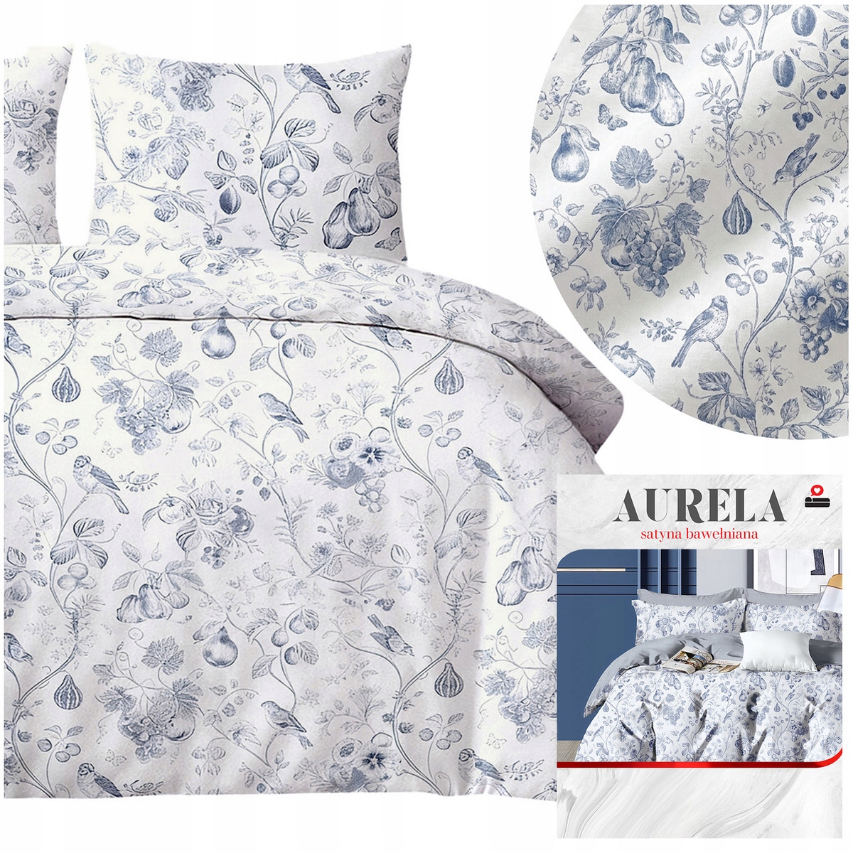 Pościel Satyna Bawełniana 160x200 3 cz poszewki 70x80 Aurela kwiaty ptaki