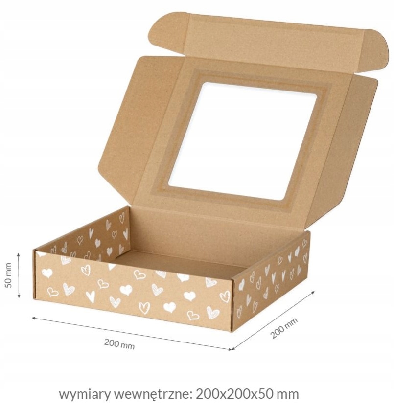 PUDELKO Z OKIENKIEM NADRUK SERDUSZKA KARTON FASONOWY 20x20x5 NaPrezent Długość zewnętrzna 20 cm